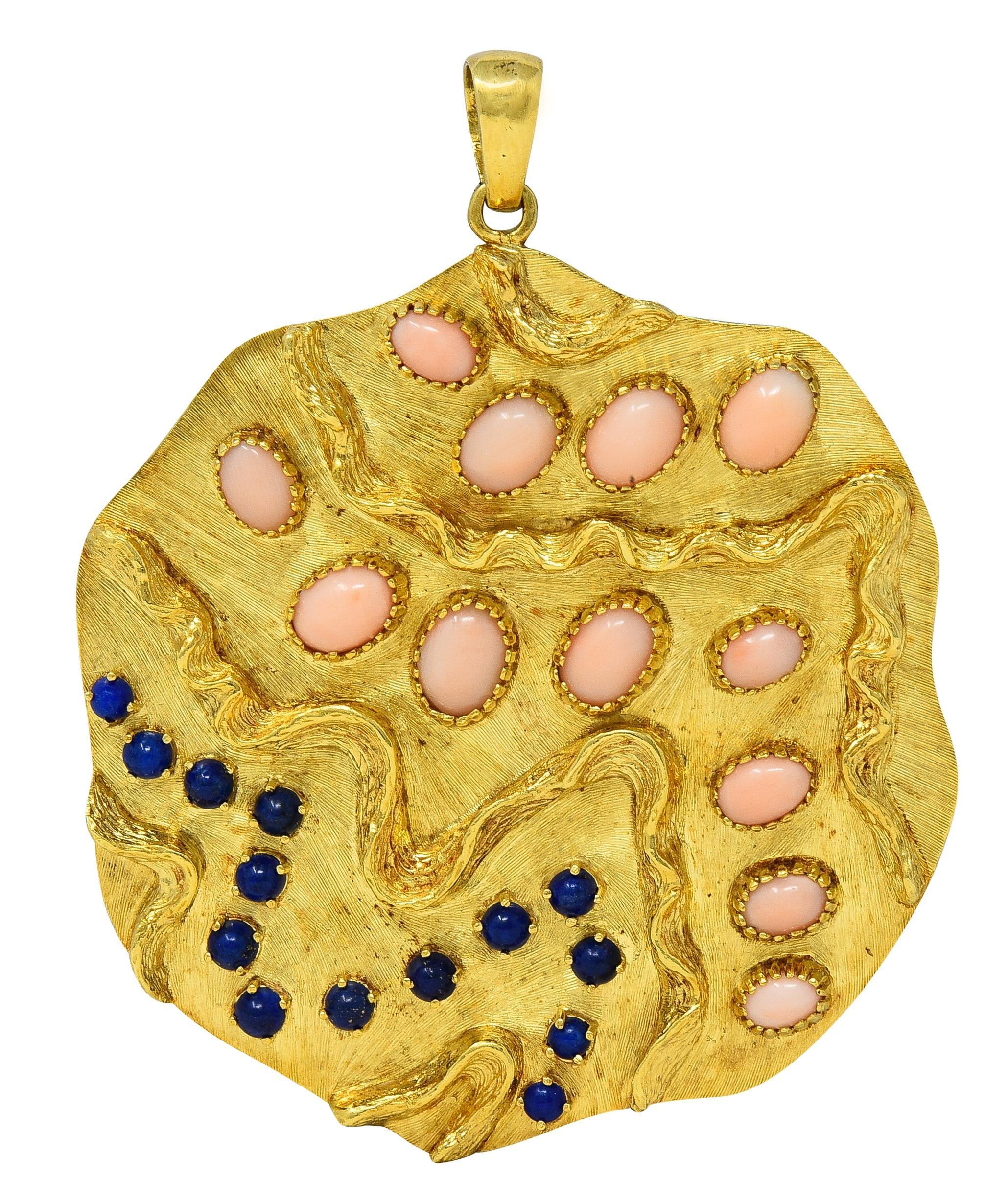 1970er Jahre Koralle Lapislazuli 18 Karat Gold Vintage Squiggle Medaillon Anhänger im Angebot