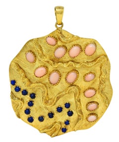 1970er Jahre Koralle Lapislazuli 18 Karat Gold Vintage Squiggle Medaillon Anhänger
