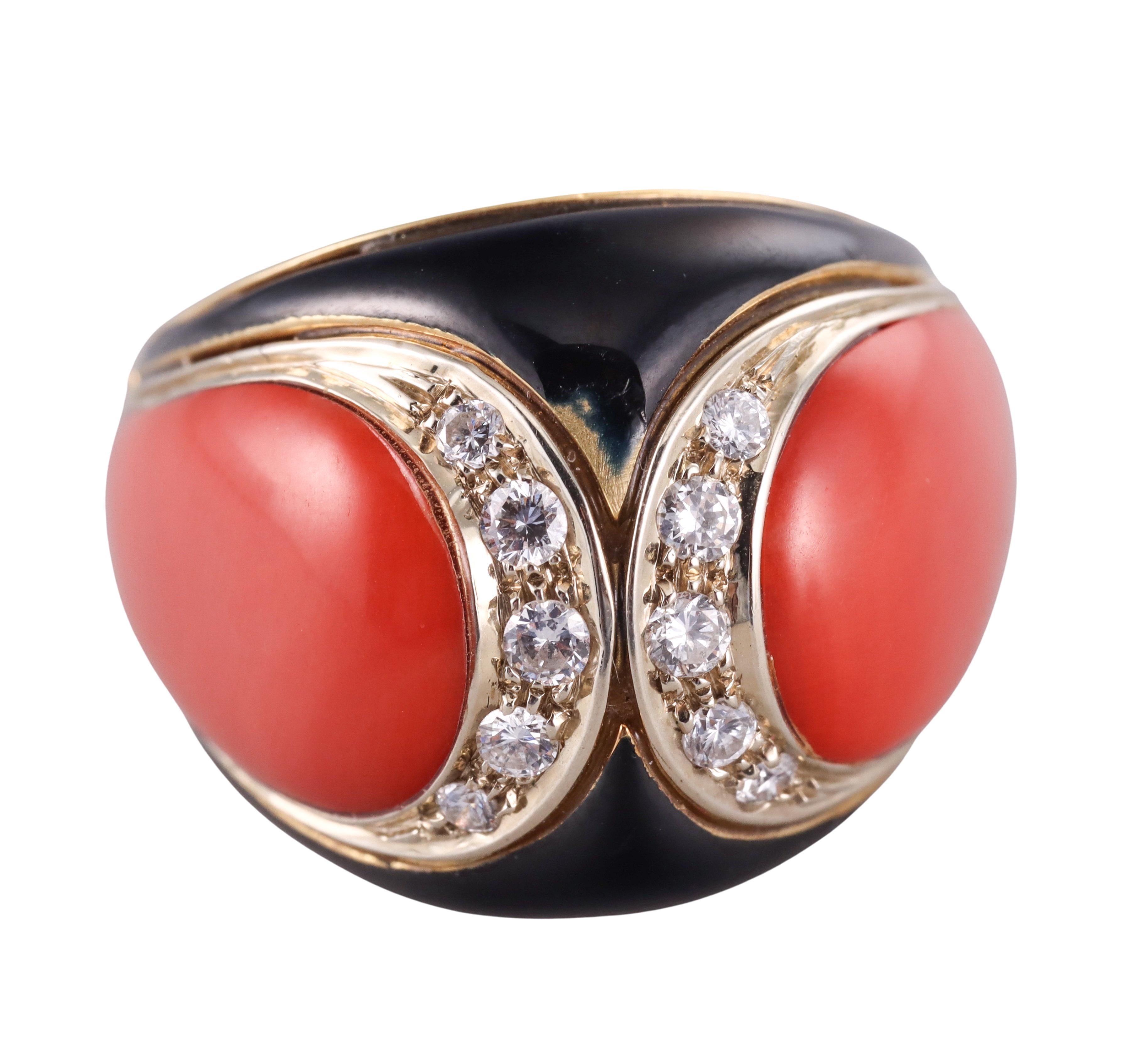 Women's 1970s Coral Onyx Diamond Gold Dome Ring For Sale
