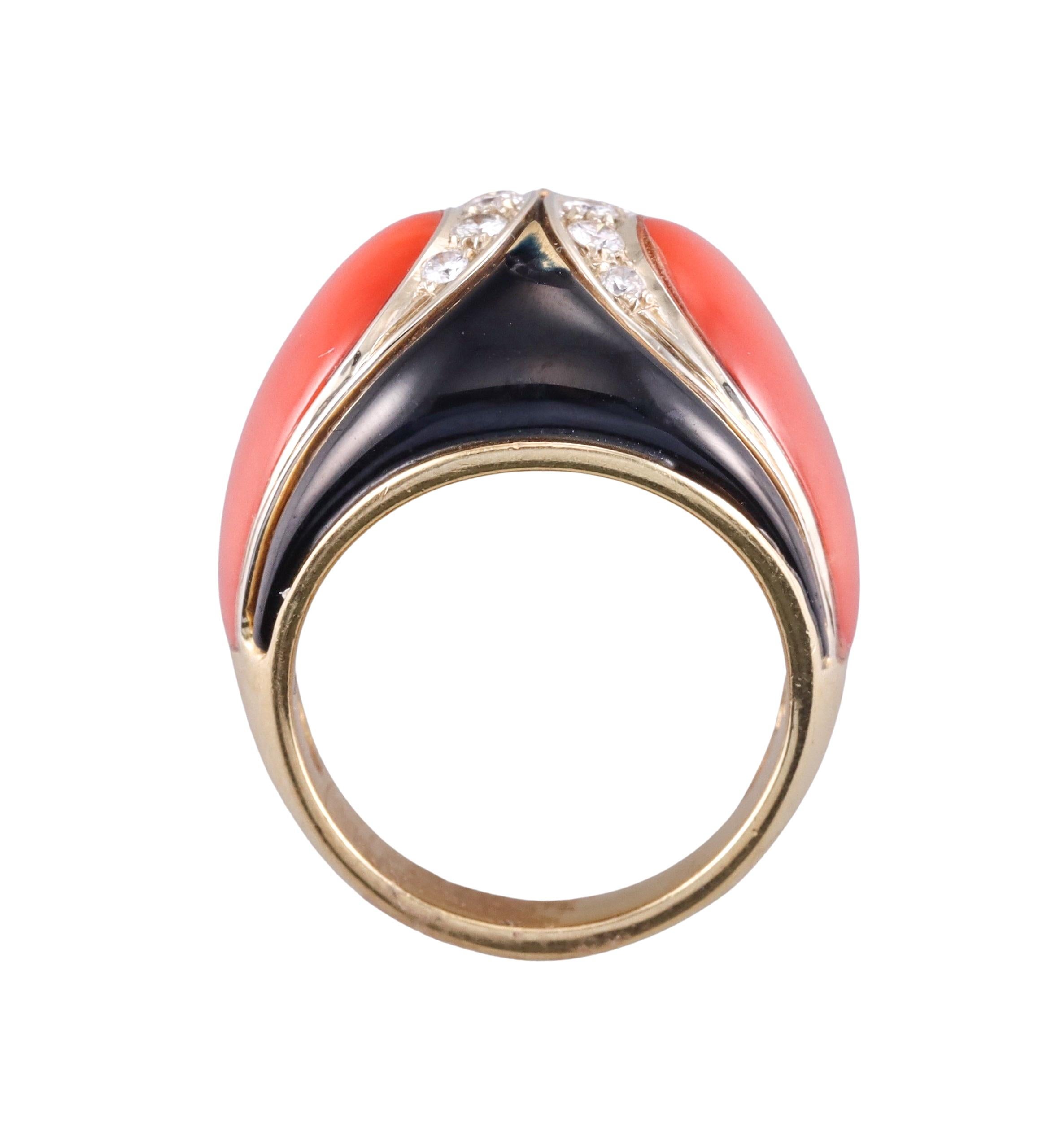 1970s Coral Onyx Diamond Gold Dome Ring For Sale 1