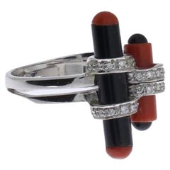 1970's Coral Onyx Diamond White Gold Ring