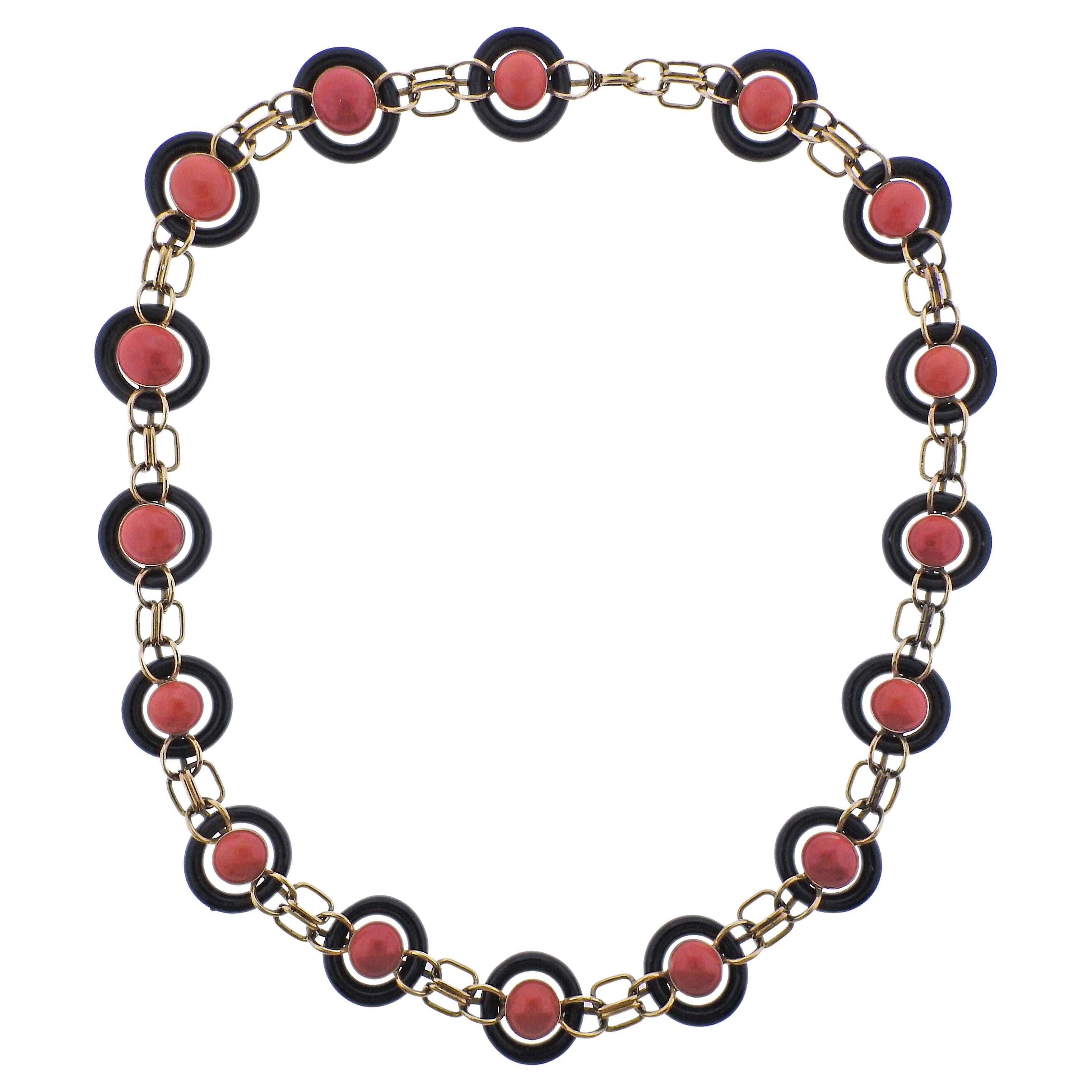 1970s Coral Onyx Gold Link Necklace For Sale