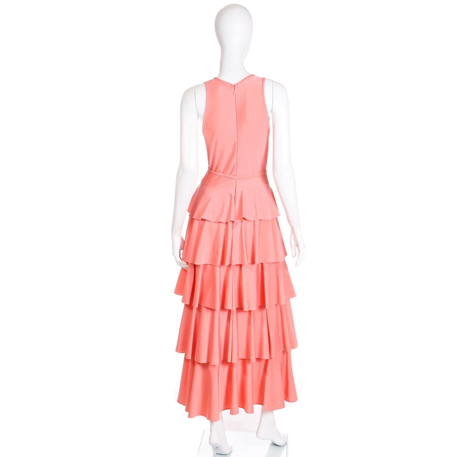 1970s Coral Orange Tiered Ruffled Jersey Maxi Dress W Shawl & Belt For Sale 5