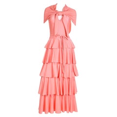 1970s Coral Orange Tiered Ruffled Jersey Maxi Dress W Shawl & Belt