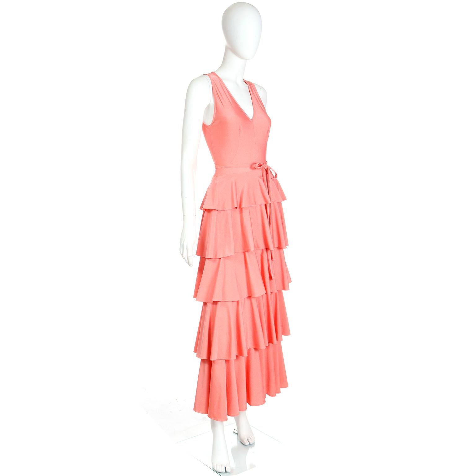 Women's 1970s Coral Orange Tiered Ruffled Jersey Maxi Dress W Shawl & Belt For Sale