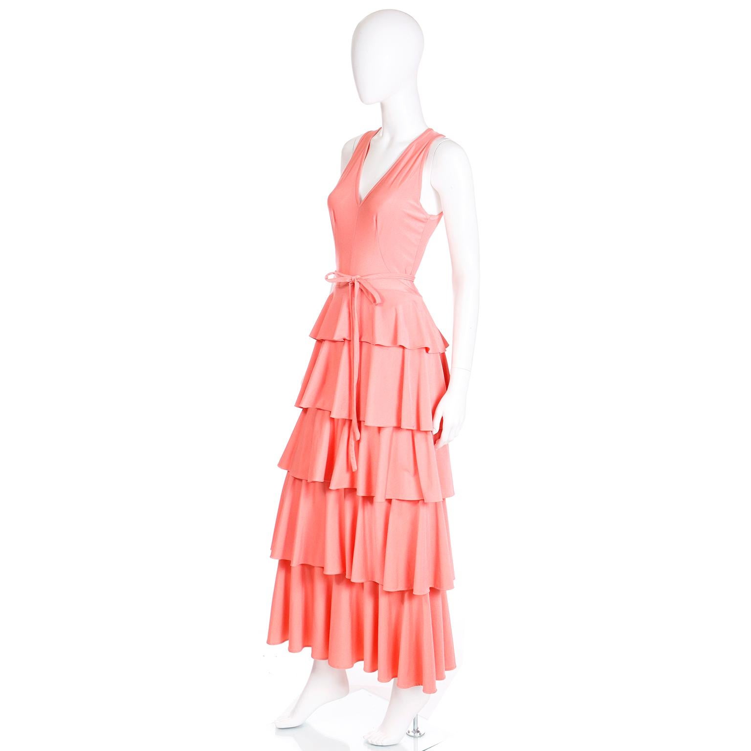 1970s Coral Orange Tiered Ruffled Jersey Maxi Dress W Shawl & Belt For Sale 4