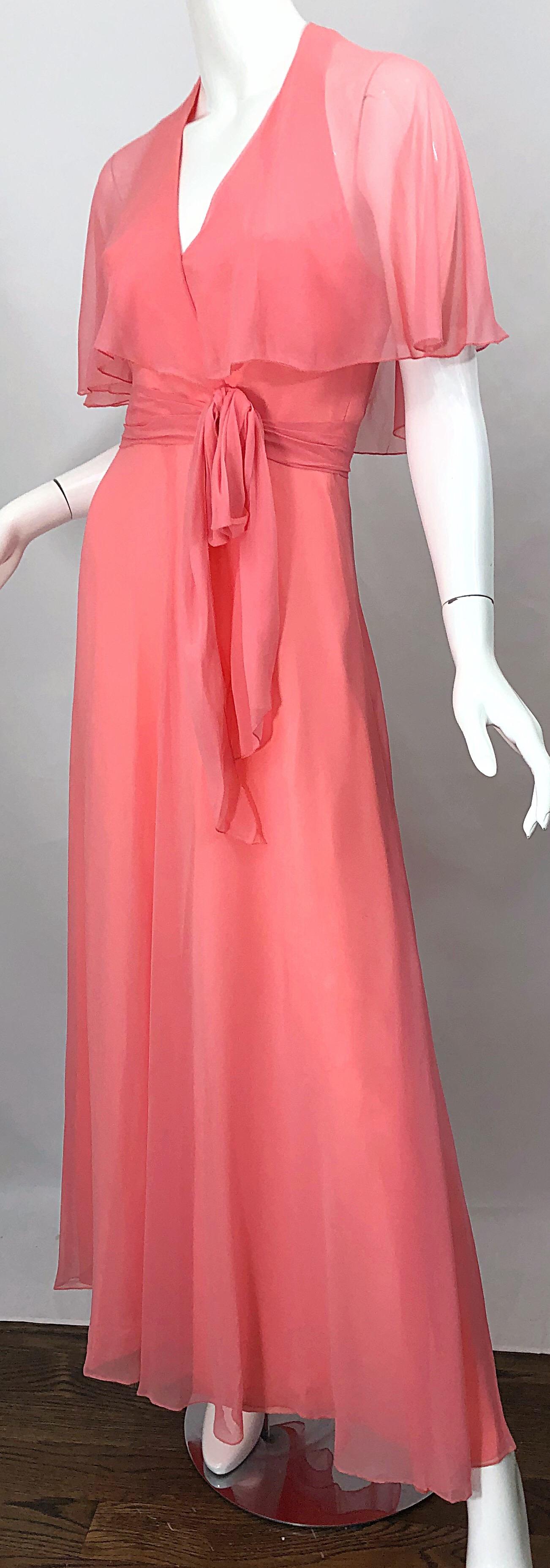 1970s Coral Pink Silk Chiffon Halter Sheer Caplet Vintage 70s Maxi Dress Gown For Sale 3