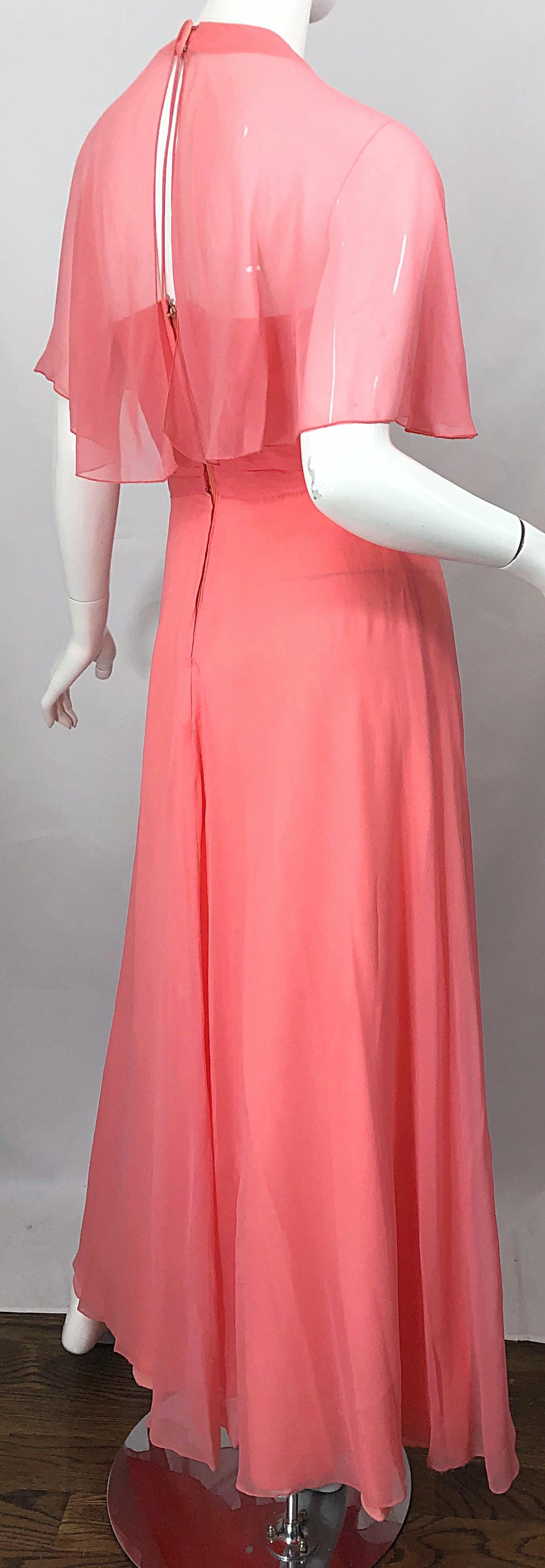 1970s Coral Pink Silk Chiffon Halter Sheer Caplet Vintage 70s Maxi Dress Gown For Sale 4