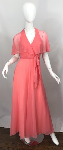 1970s Coral Pink Silk Chiffon Halter Sheer Caplet Vintage 70s Maxi Dress Gown