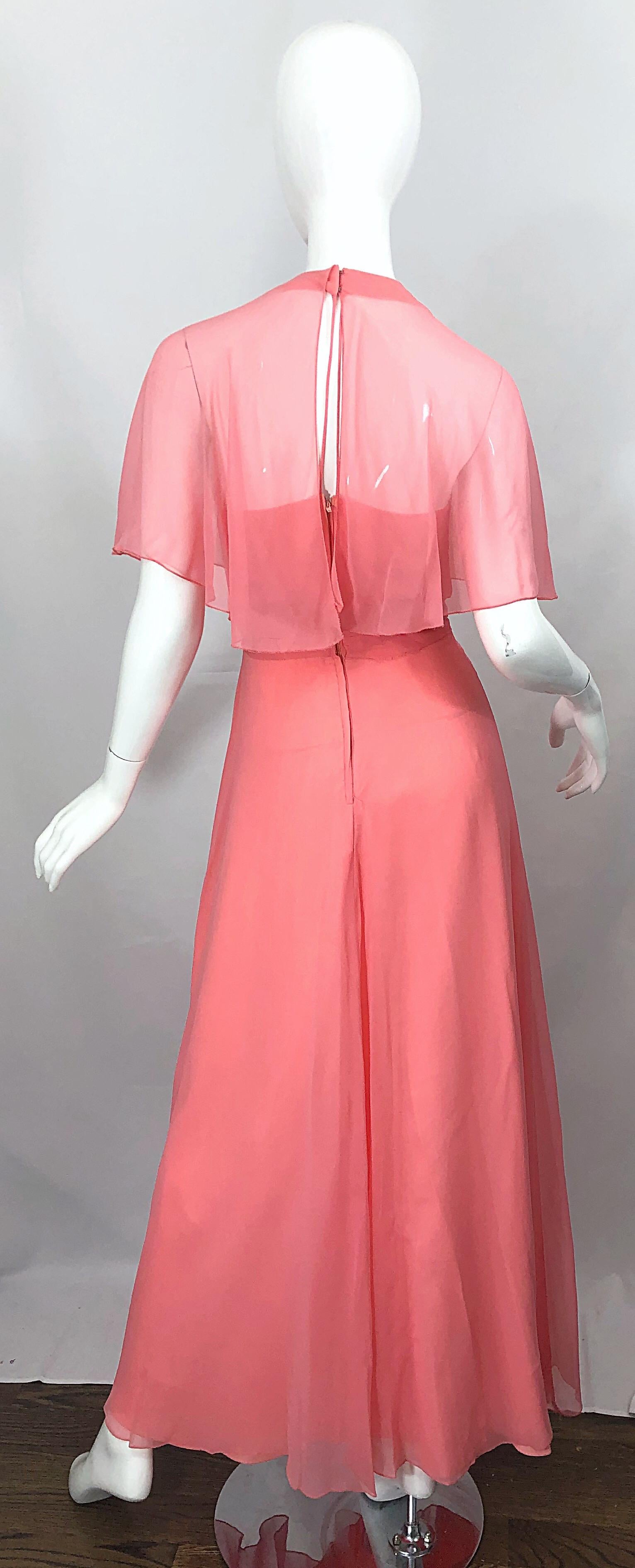 1970s Coral Pink Silk Chiffon Halter Sheer Caplet Vintage 70s Maxi Dress Gown For Sale 1