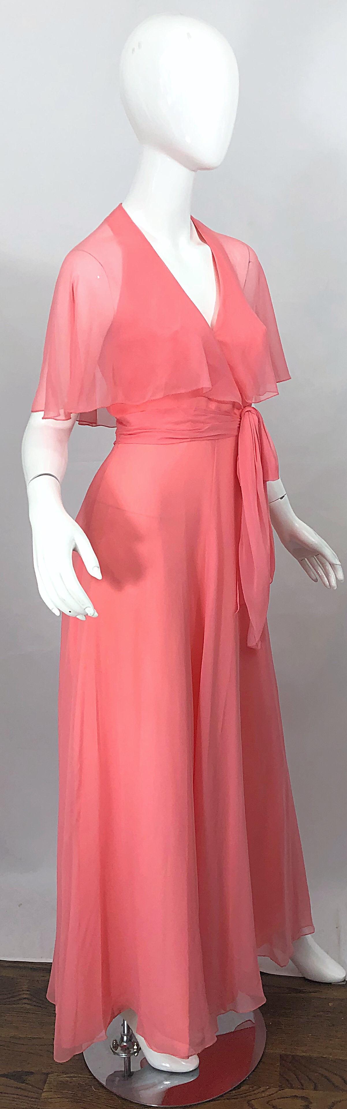 1970s Coral Pink Silk Chiffon Halter Sheer Caplet Vintage 70s Maxi Dress Gown For Sale 2