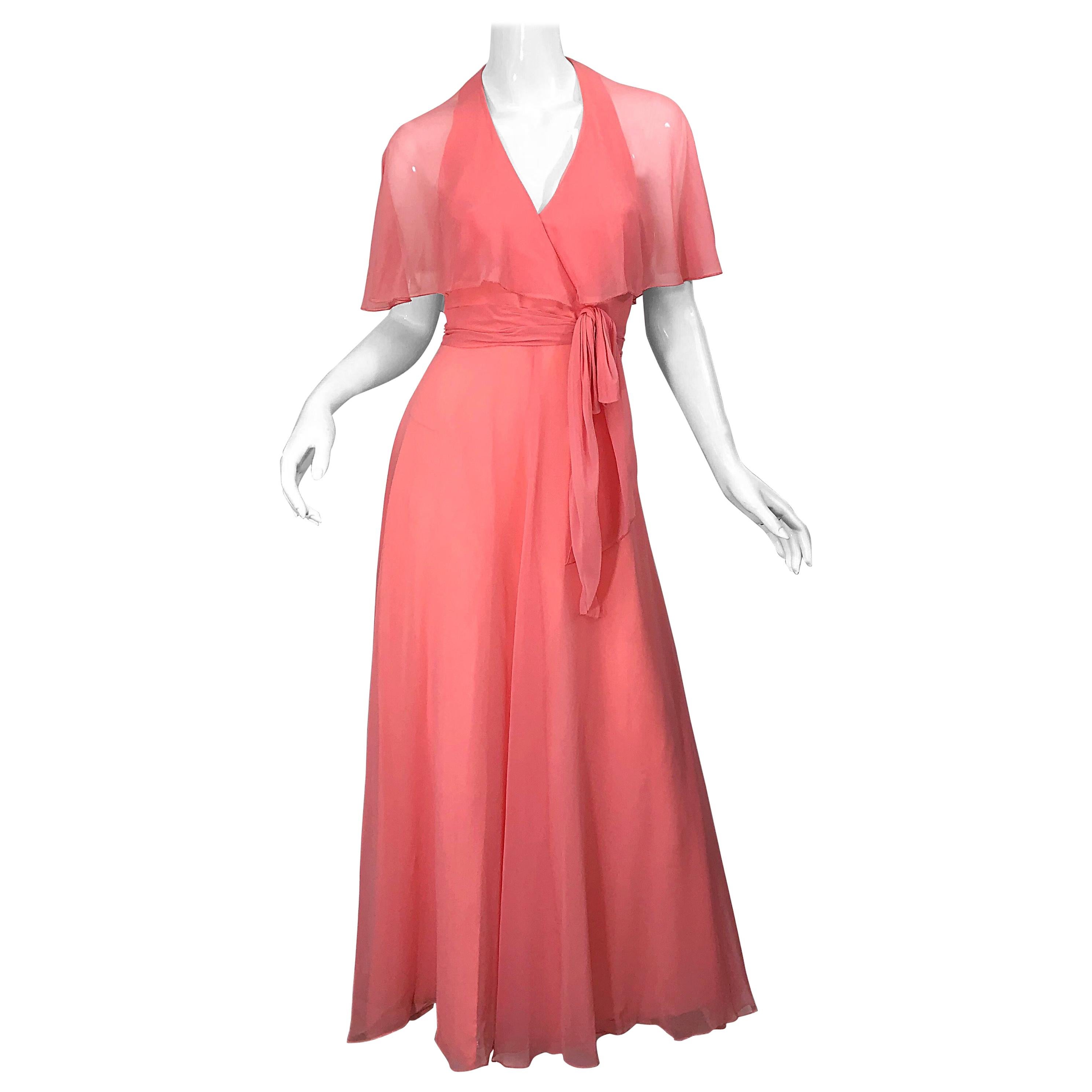 1970s Coral Pink Silk Chiffon Halter Sheer Caplet Vintage 70s Maxi Dress Gown