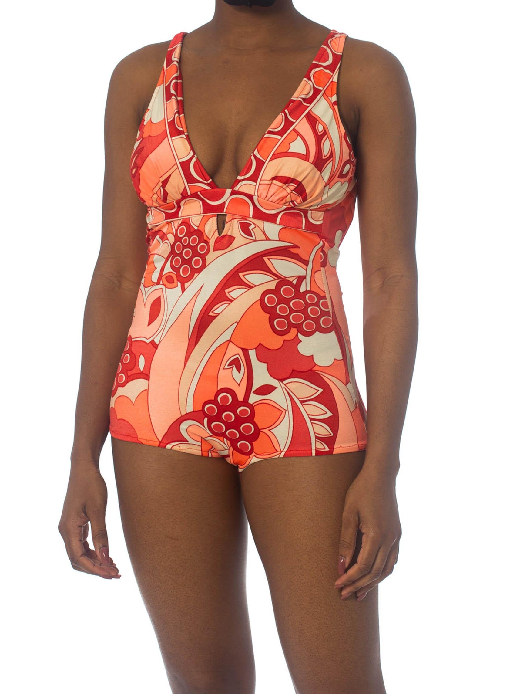 Women's 1970S Coral Psychedelic Poly/Lycra Stretch  Swimsuit XL