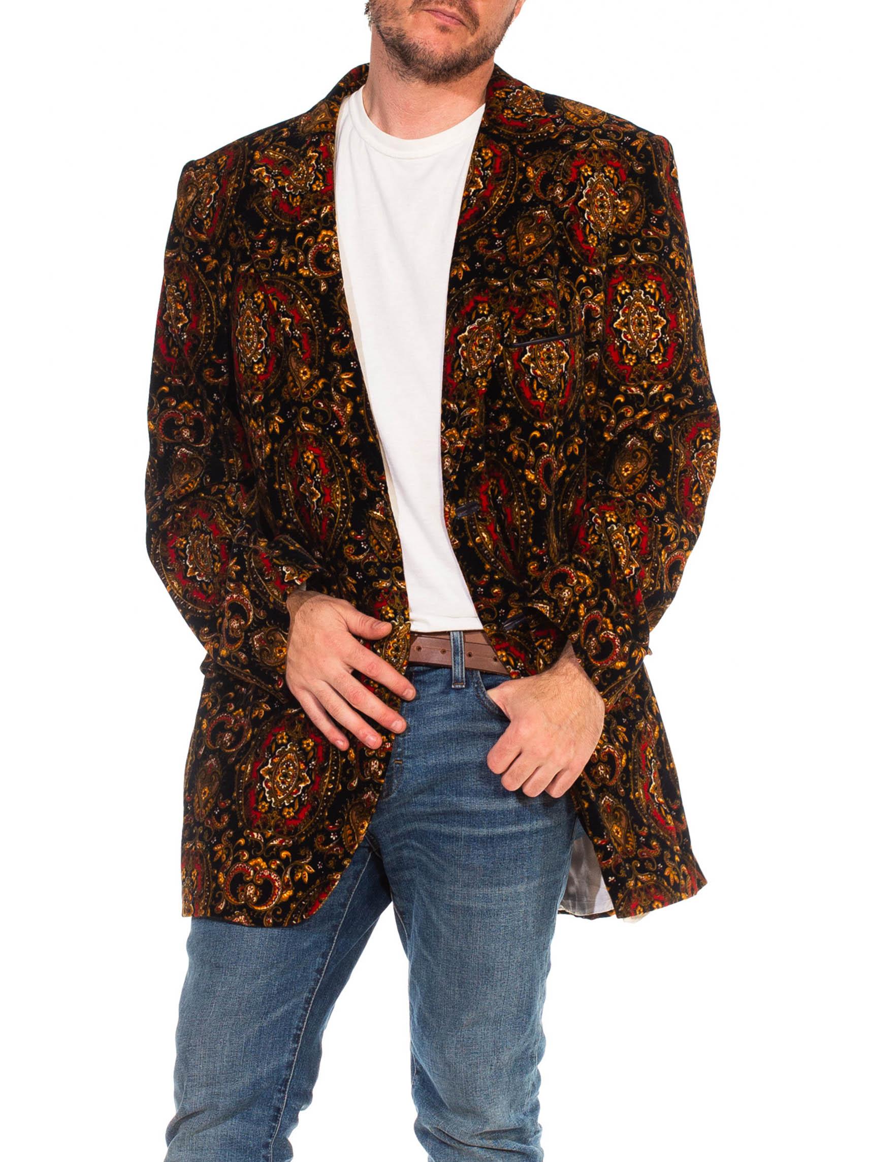 1970S Cortefiel Black & Gold Paisley Cotton Velvet Men's Blazer For Sale 2