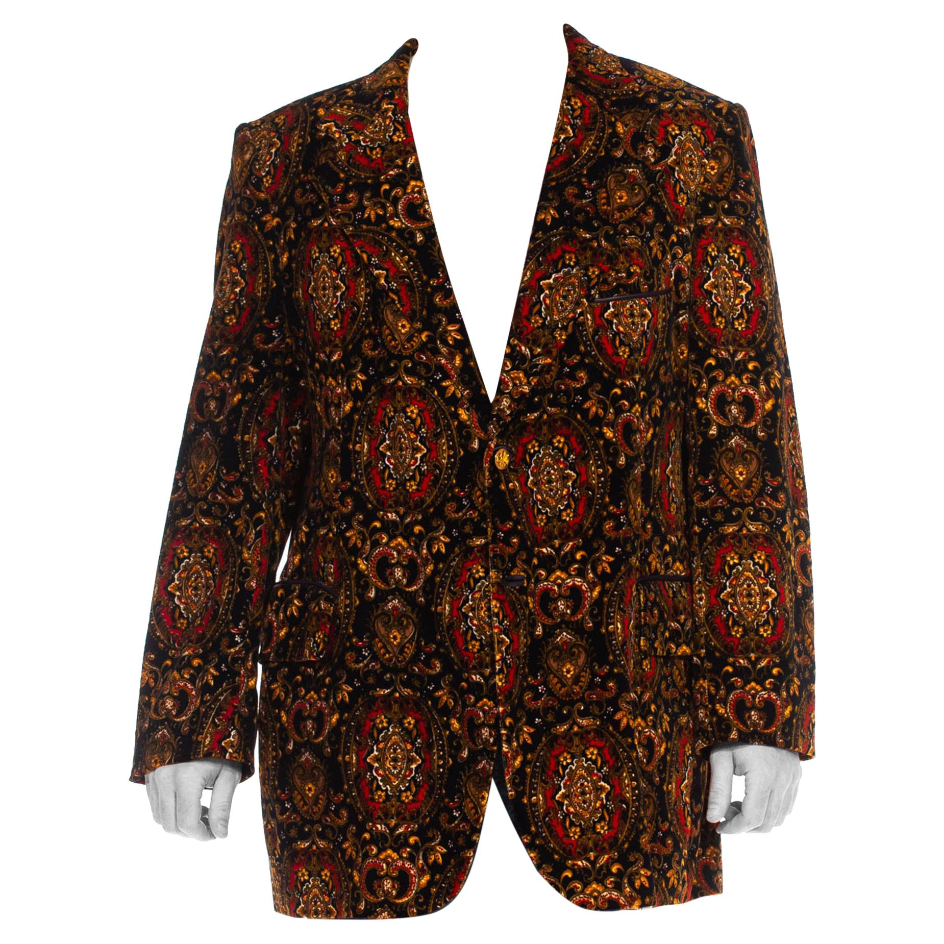 1970S Cortefiel Black & Gold Paisley Cotton Velvet Men's Blazer For Sale