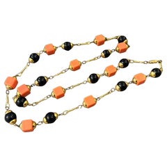 1970s Costume Jewelry  Brass and Black and Orange Beads Italian Chain Necklace