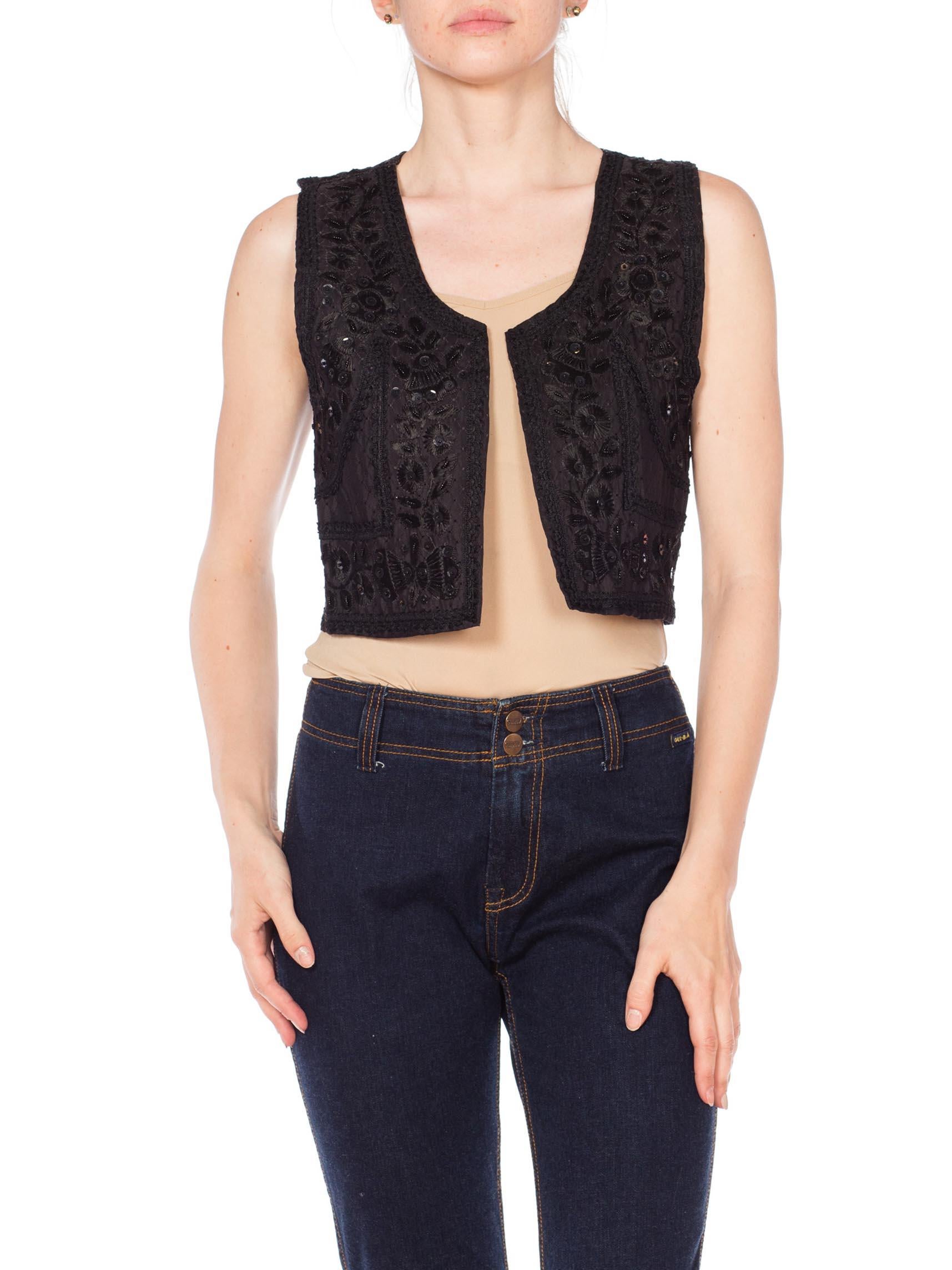 1970S Black Rayon & Cotton Sequined Embroidered Boho Vest In Excellent Condition In New York, NY