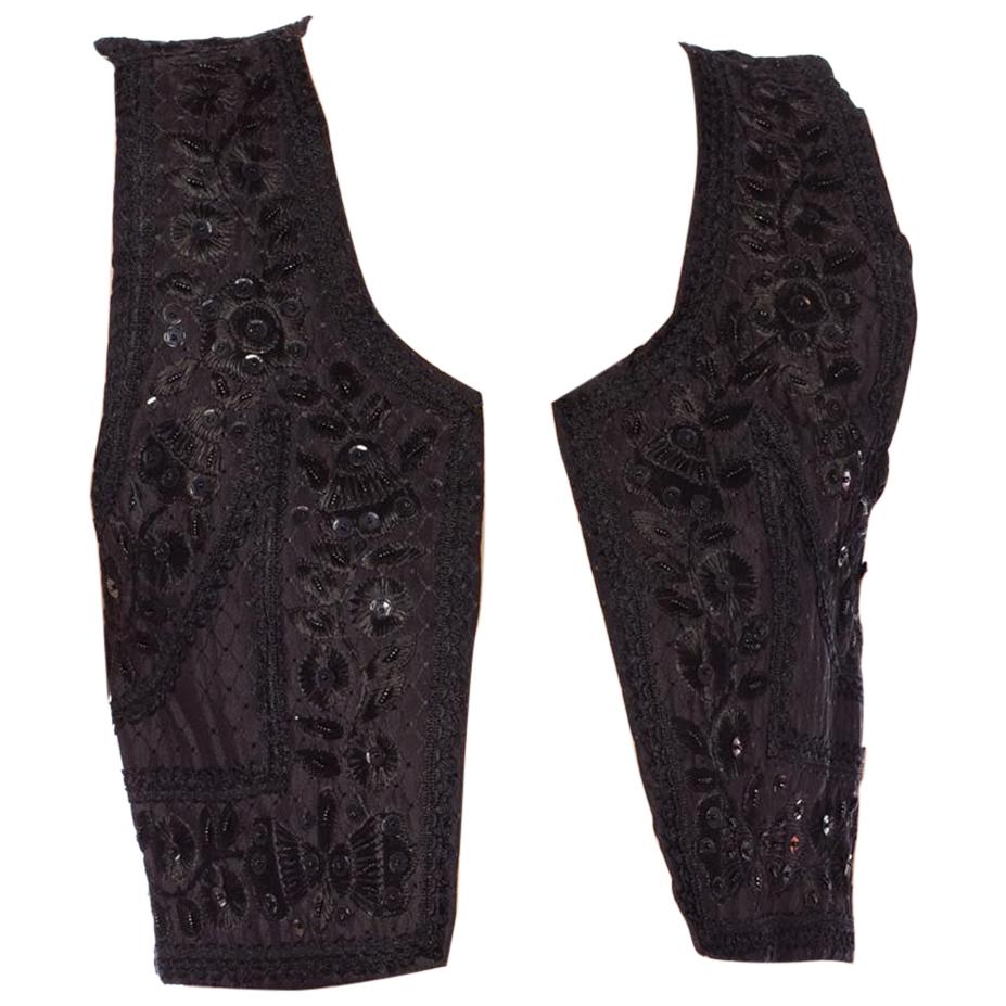 1970S Black Rayon & Cotton Sequined Embroidered Boho Vest
