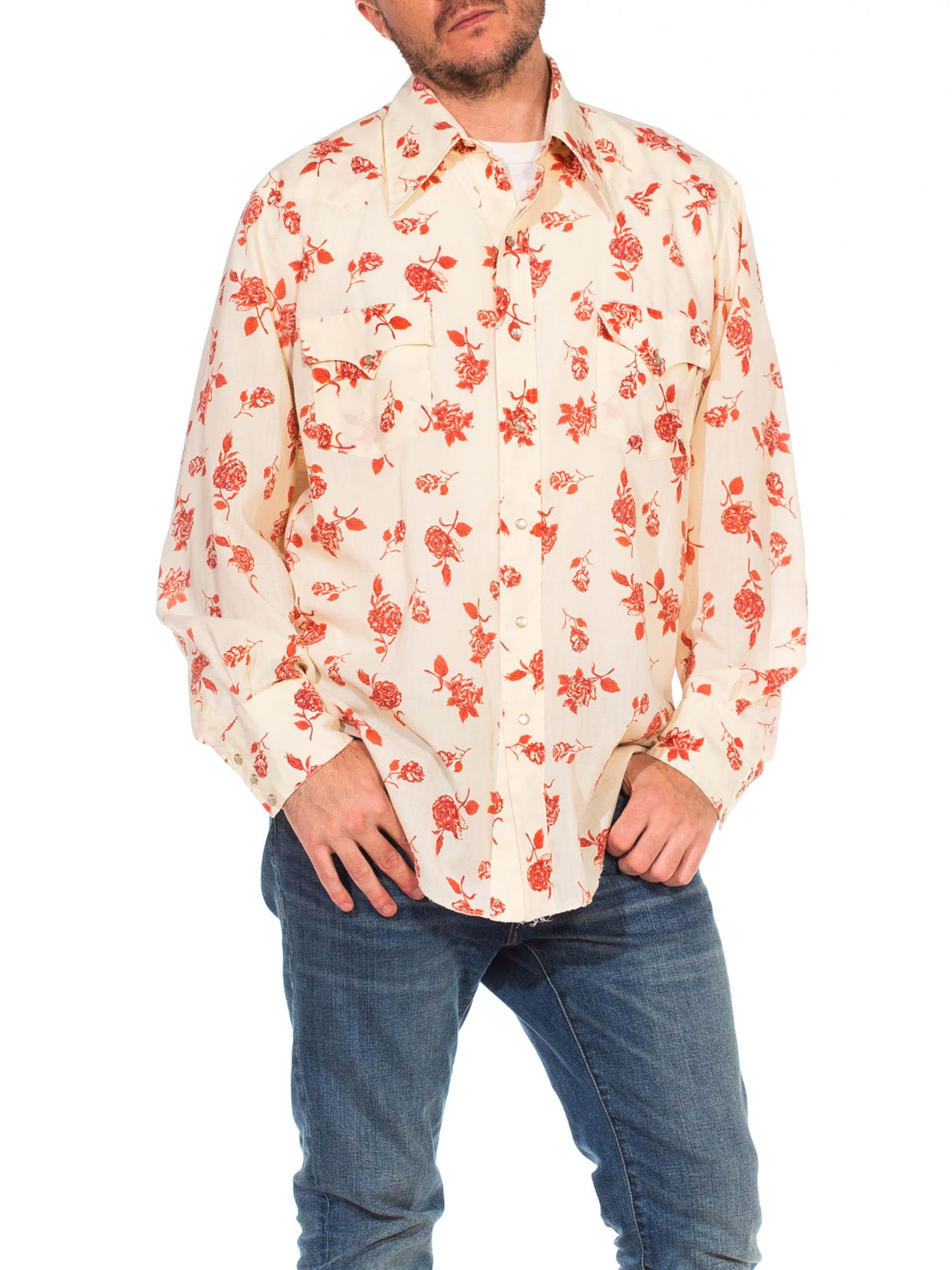 1970S Cotton Blend Red Western Rose Printed Men's Long Sleeve Shirt 2