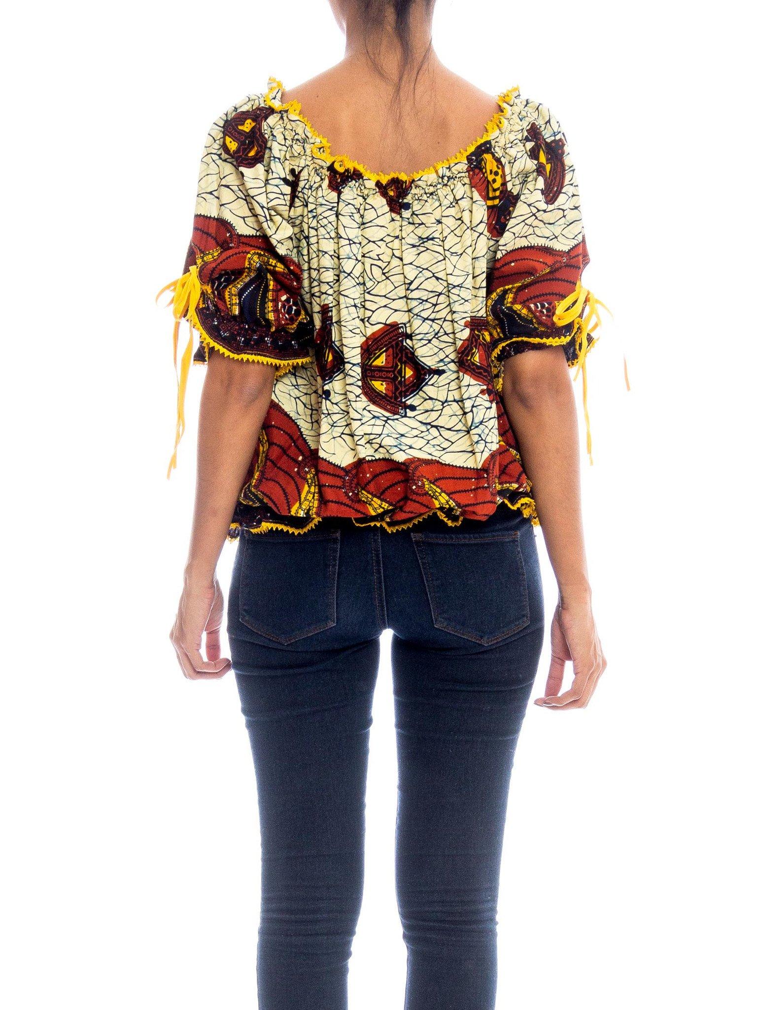 1970S Cotton Dutch African Batik Wax Print Oversized Top With Elastic Waist In Excellent Condition In New York, NY