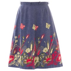 Vintage 1970S Cotton Chambray Gucci-Inspired A-Line Floral Embroidered Skirt