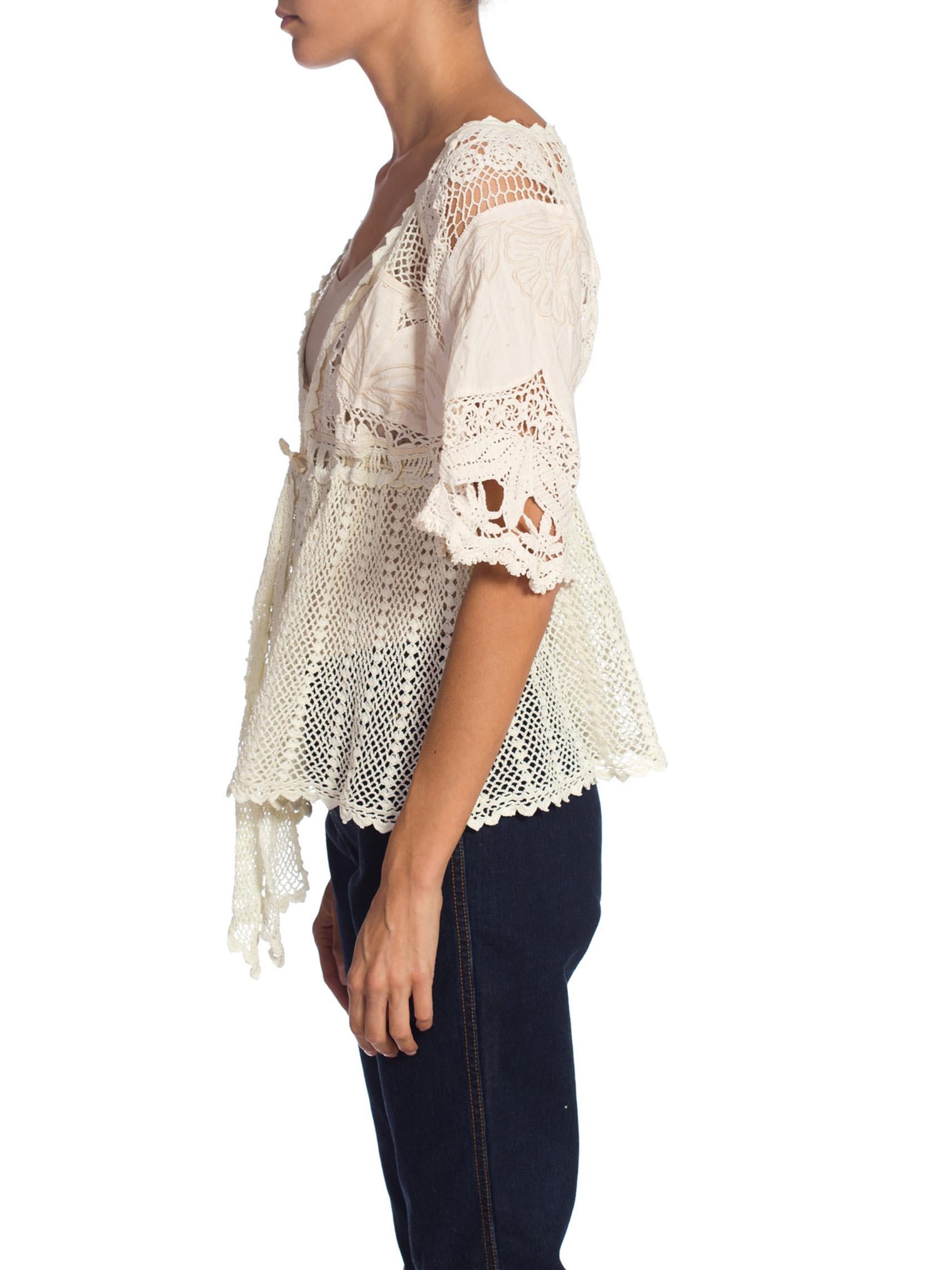 1970S Cotton Crochet Embroidered Top