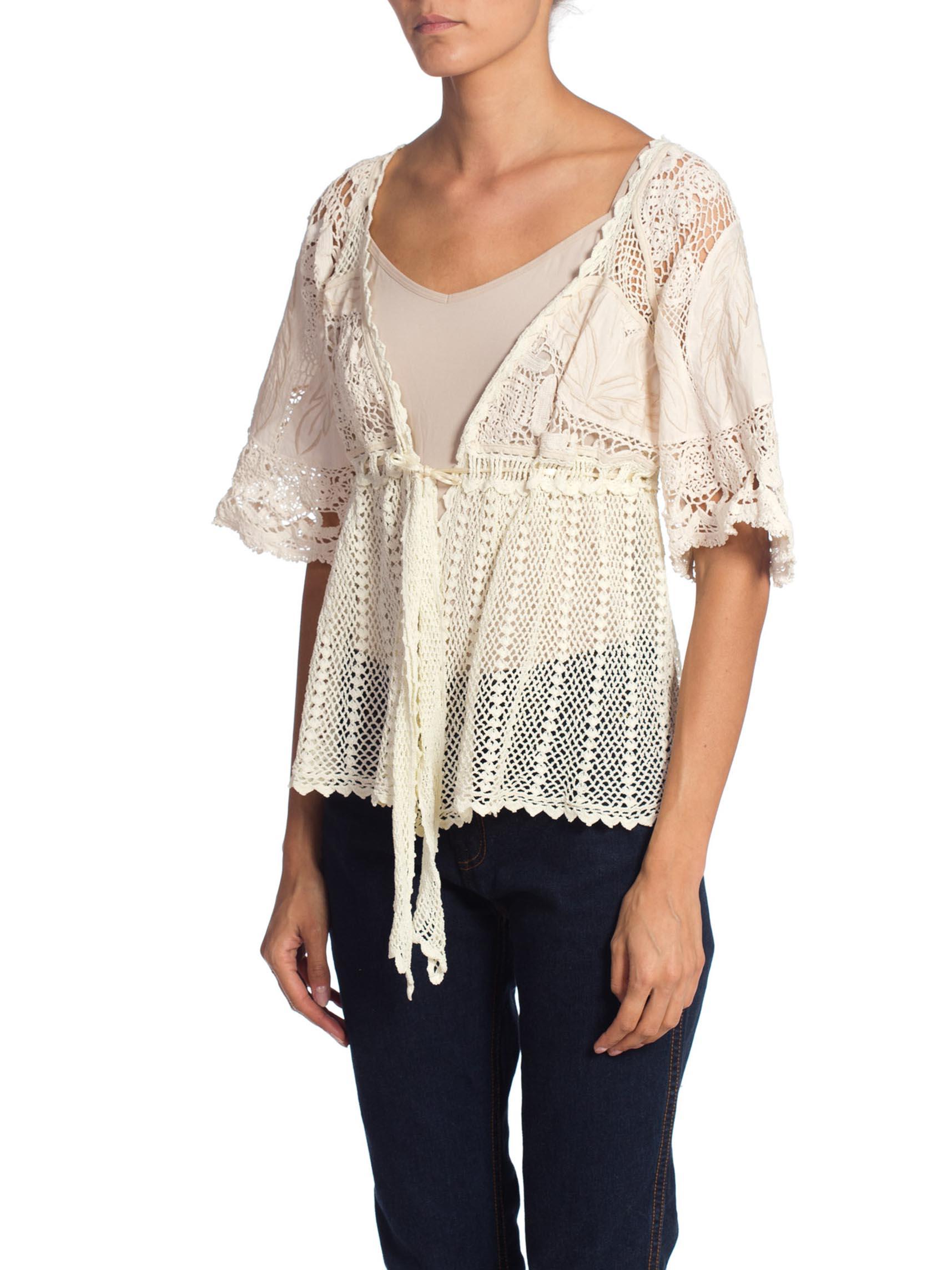 1970S Cream Cotton Crochet Edwardian Style Embroidered Top In Excellent Condition In New York, NY