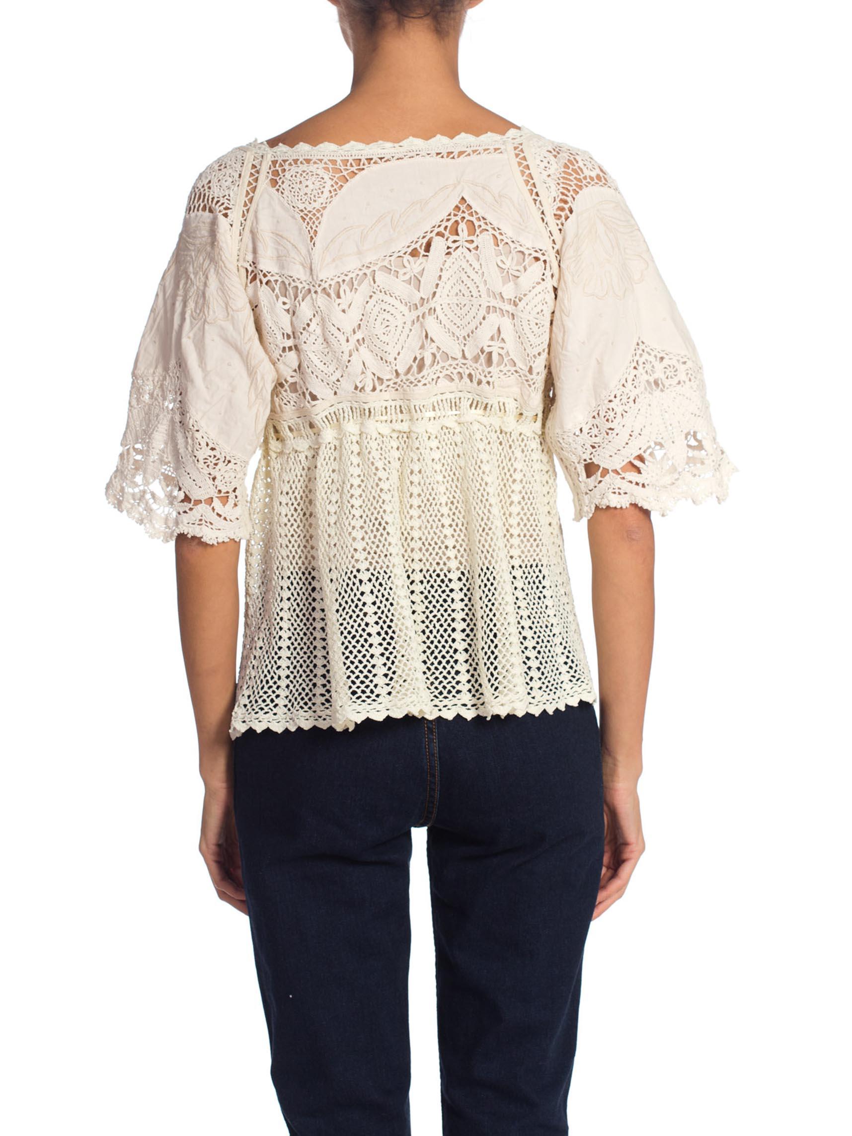 Women's 1970S Cream Cotton Crochet Edwardian Style Embroidered Top