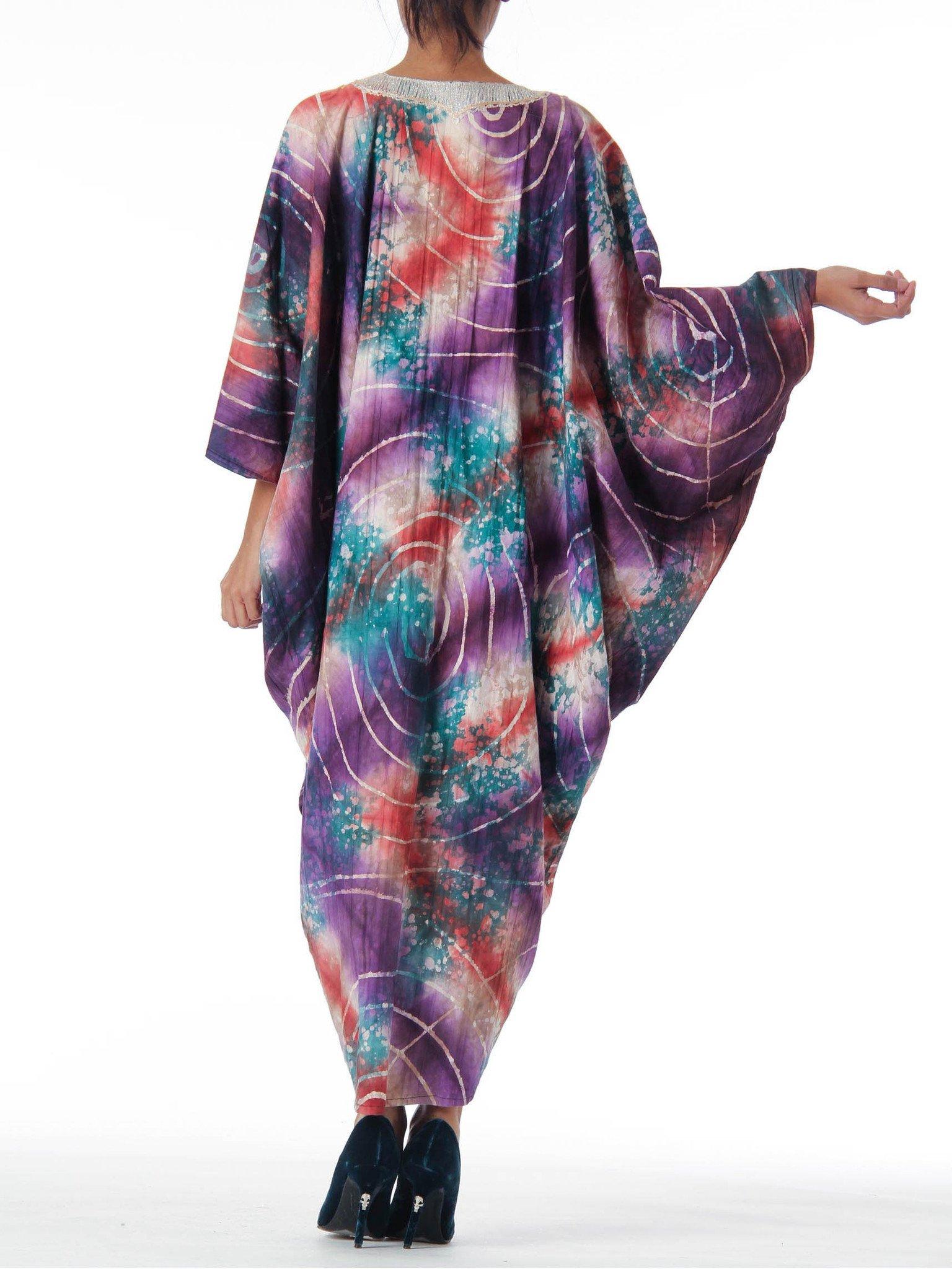 1970S Pink & Purple Cotton Ethnic Embroidered Tie Dye Batik Poncho Kaftan 1