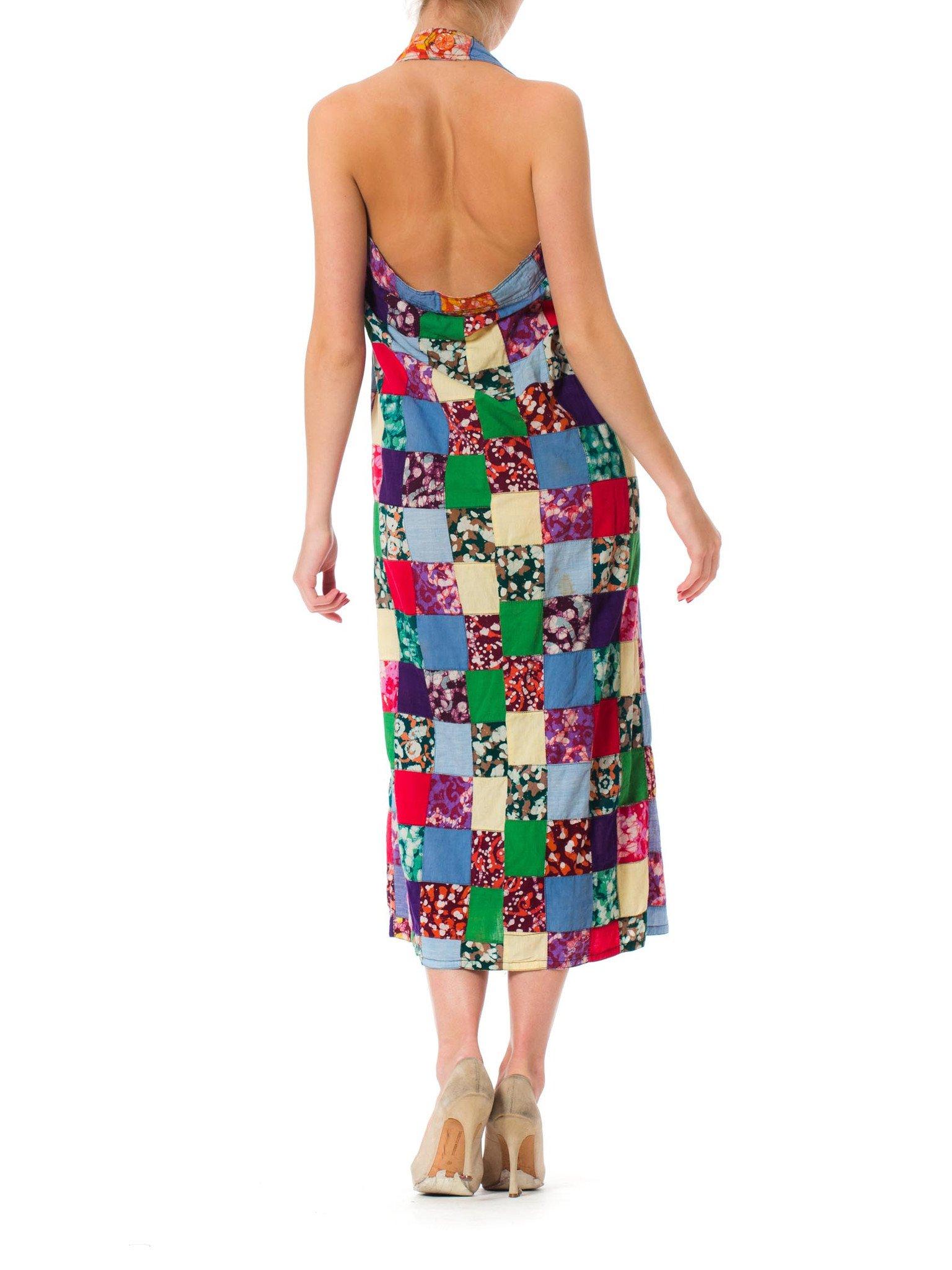 MORPHEW COLLECTION Multicolor Patchwork Cotton Batik Summer Halter Dress In Excellent Condition In New York, NY