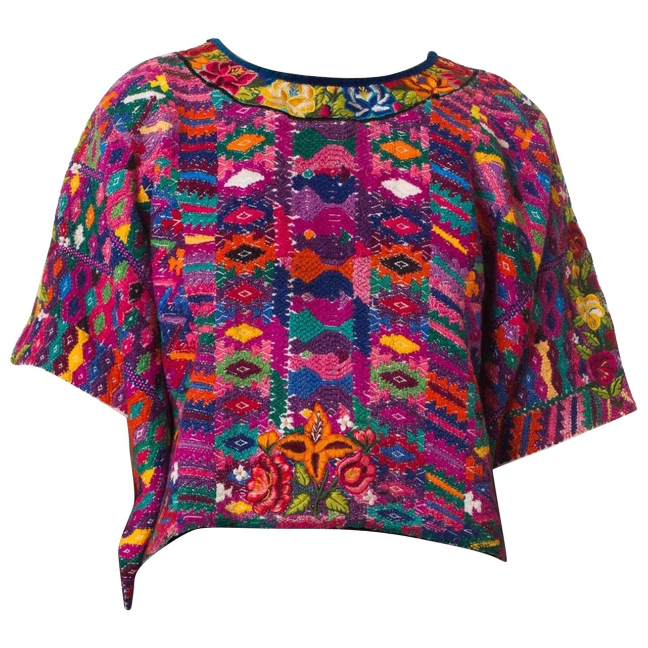 1970S  Purple & Blue Cotton Hand Embroidered Peruvian Top