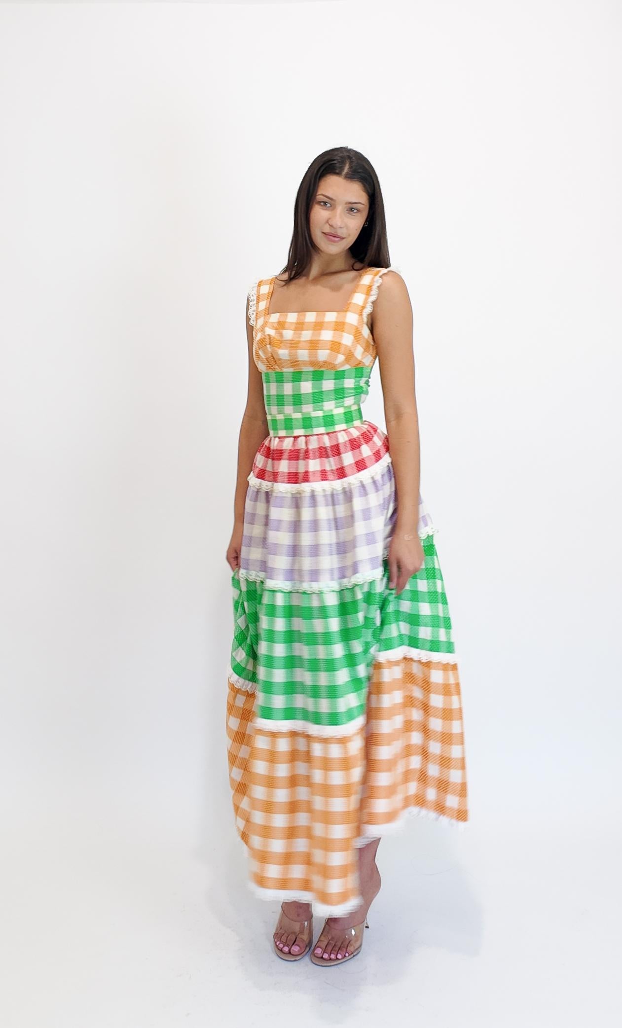 Abito in cotone anni '70 in percalle multicolore con cinture incluse in vendita 2