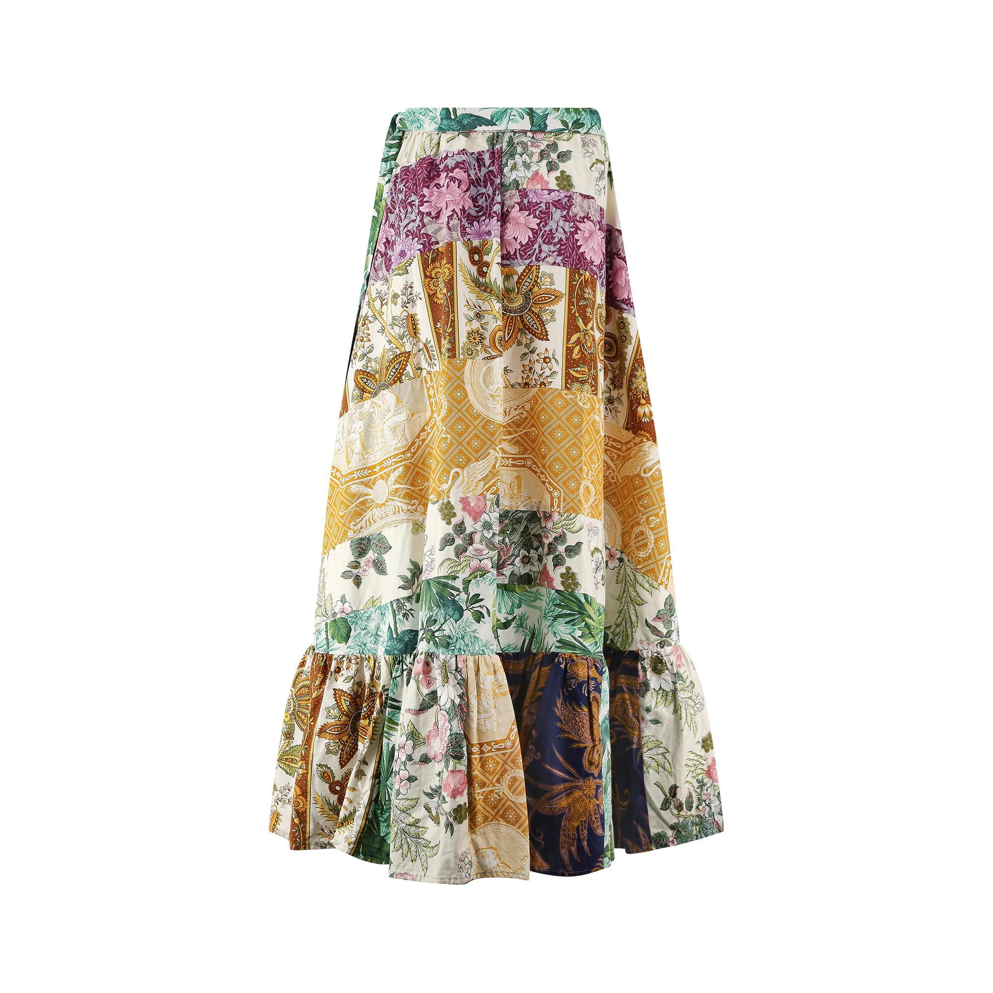 1970s Cotton Patchwork Skirt with Deep Flounce In Excellent Condition For Sale In London, GB