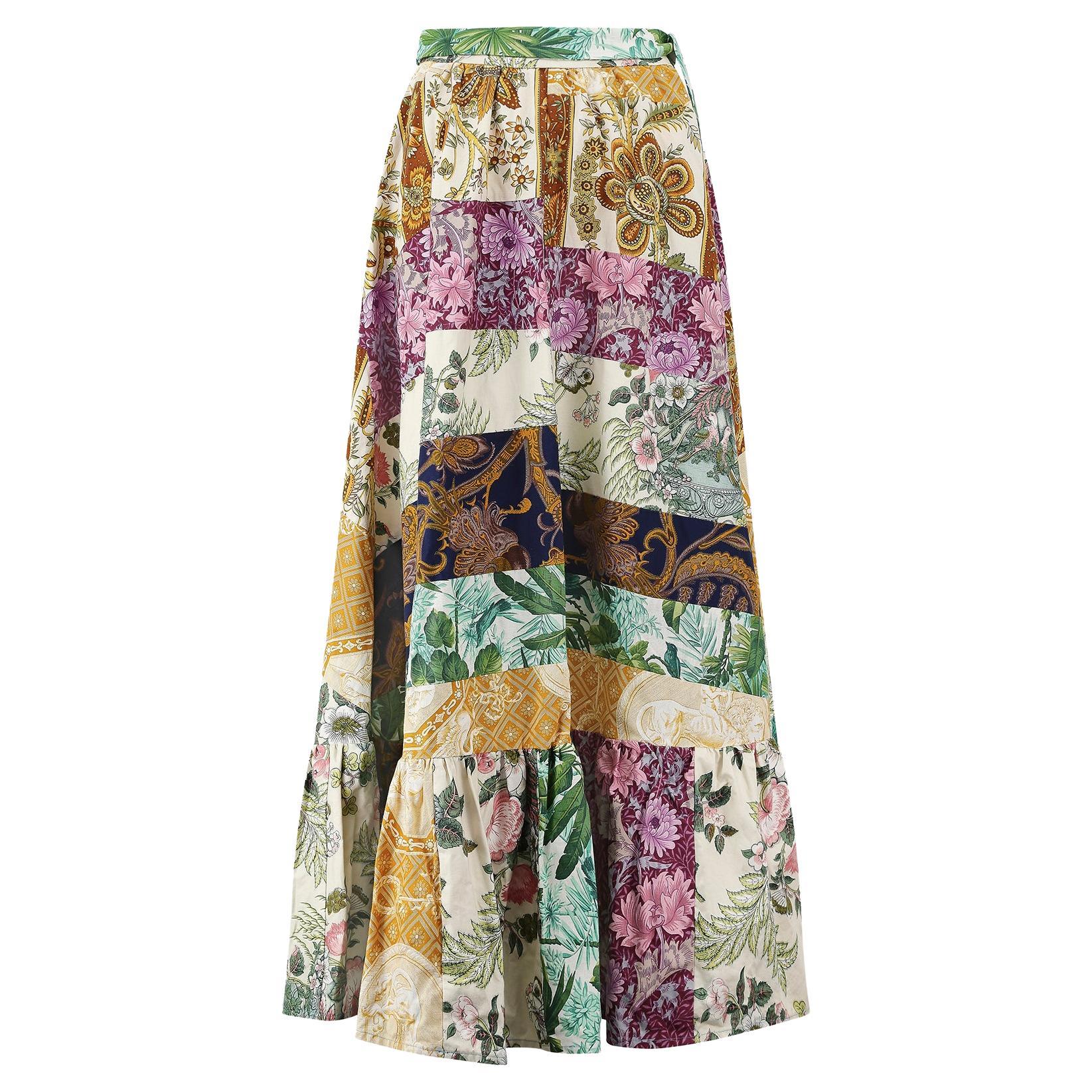 1970s Cotton Patchwork Skirt with Deep Flounce For Sale