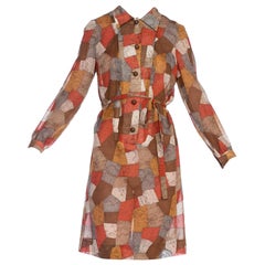 Vintage 1970's Cotton Voile Snakeskin Patchwork Printed Long Sleeve Shirt Dress 