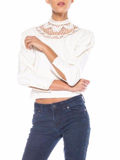 1970S Cream Cotton Victorian Style Blouse With Hand Made Butterfly Lace Collar
