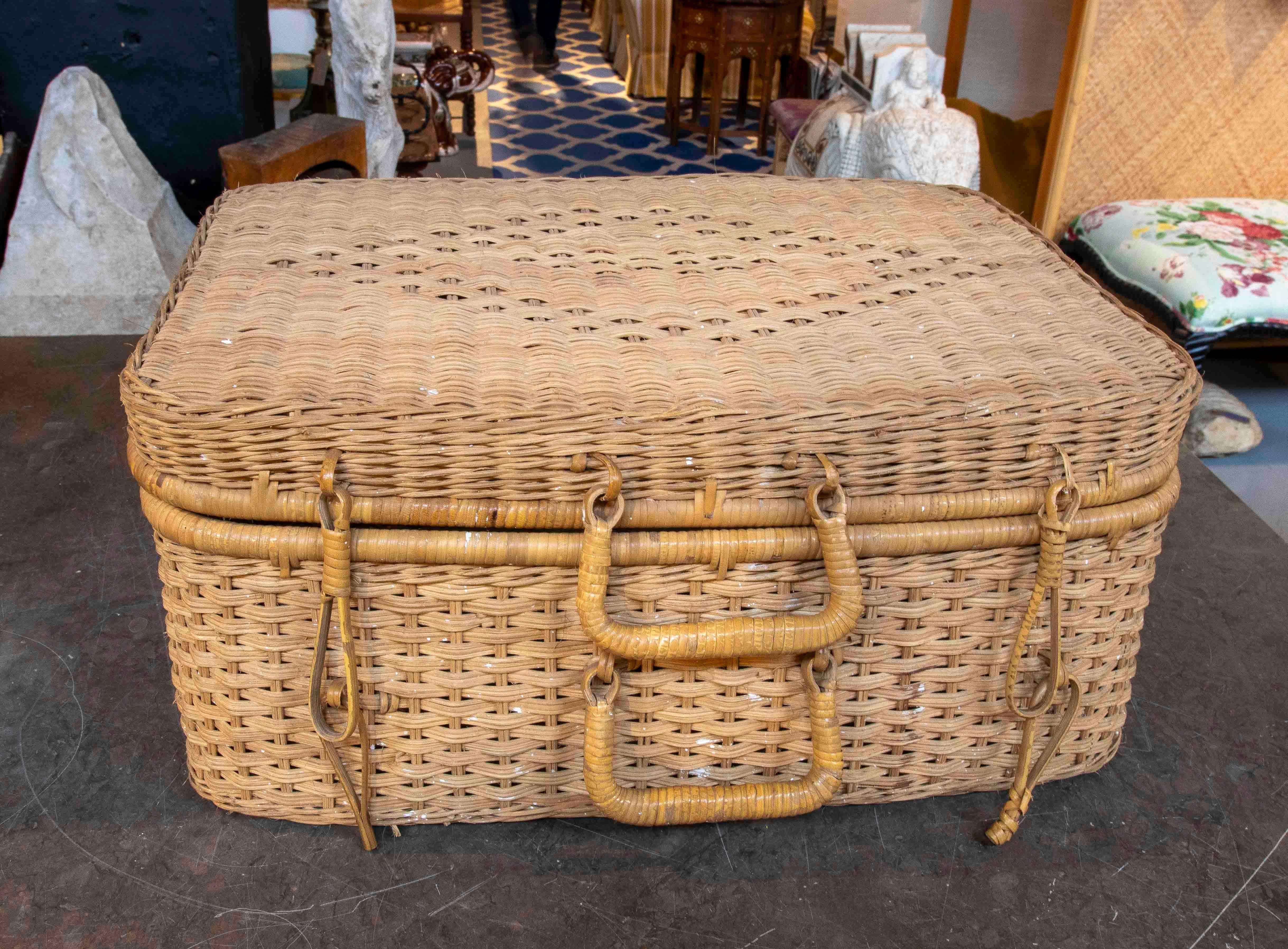 Affascinante valigia vintage realizzata in vimini intrecciato a mano, con doppi manici e chiusure originali in fibra naturale. La sua struttura robusta e la sua texture calda riflettono l'artigianato tradizionale europeo della metà del XX secolo.