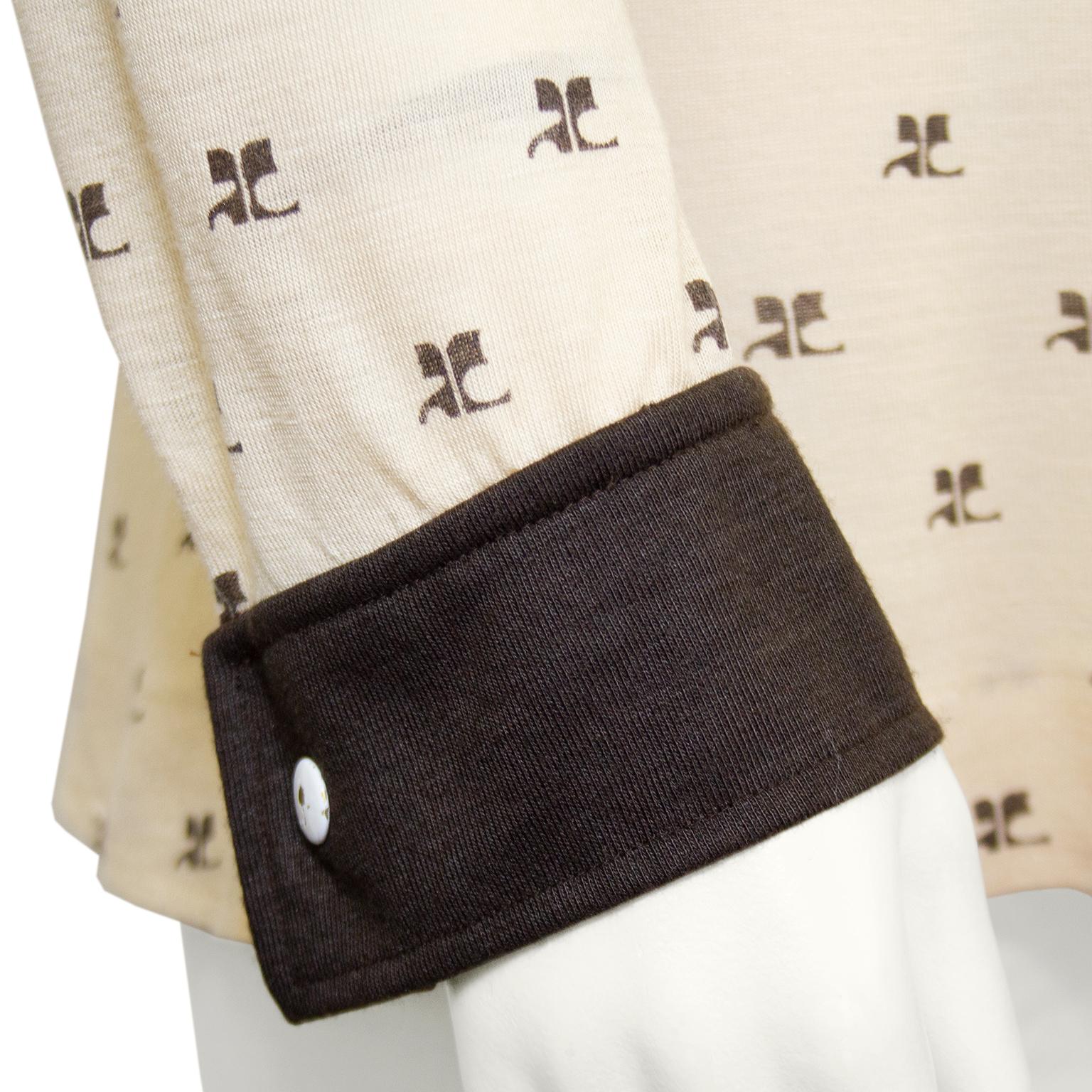 1970s Courreges Beige and Brown Logo Henley For Sale 1