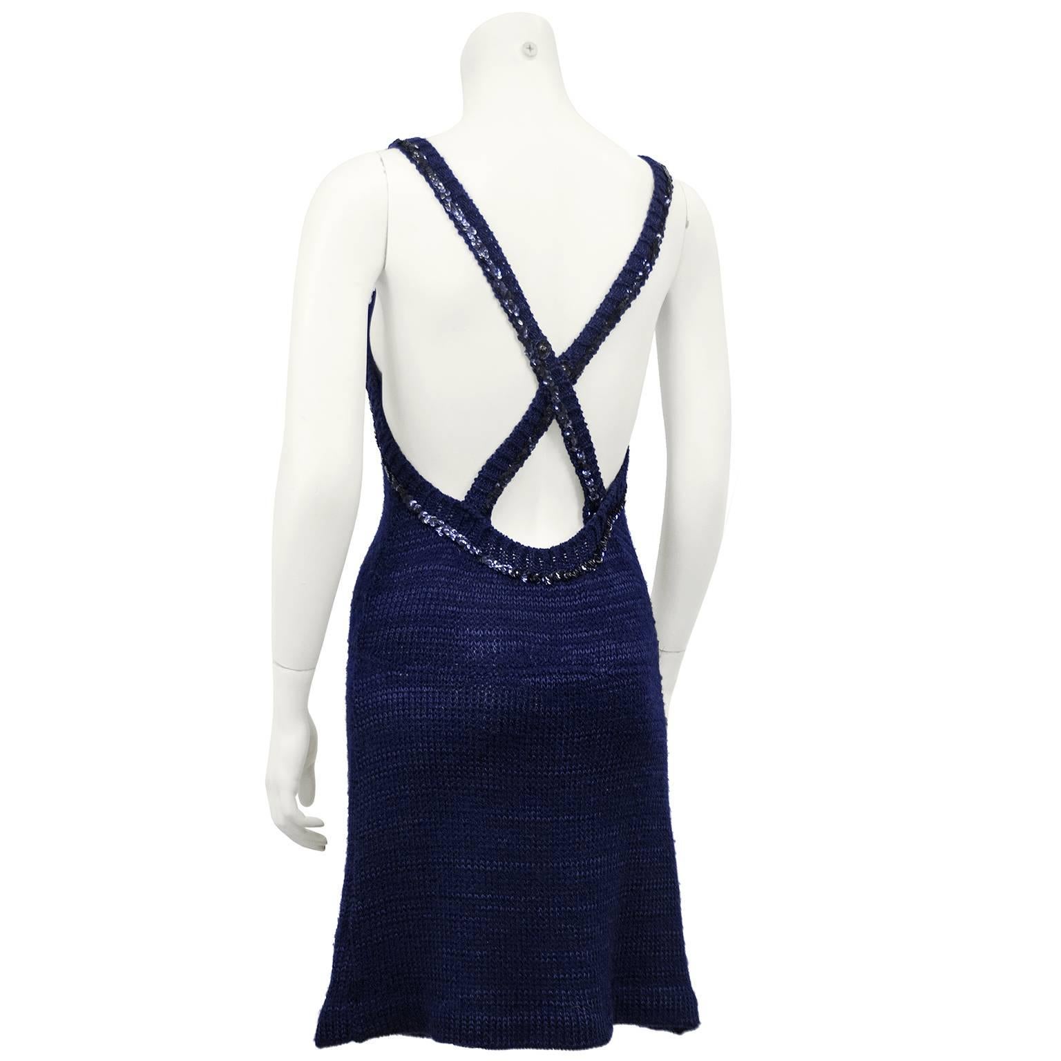 Black 1970s Courreges Navy Blue Knit Halter Dress with Sequin Trim 