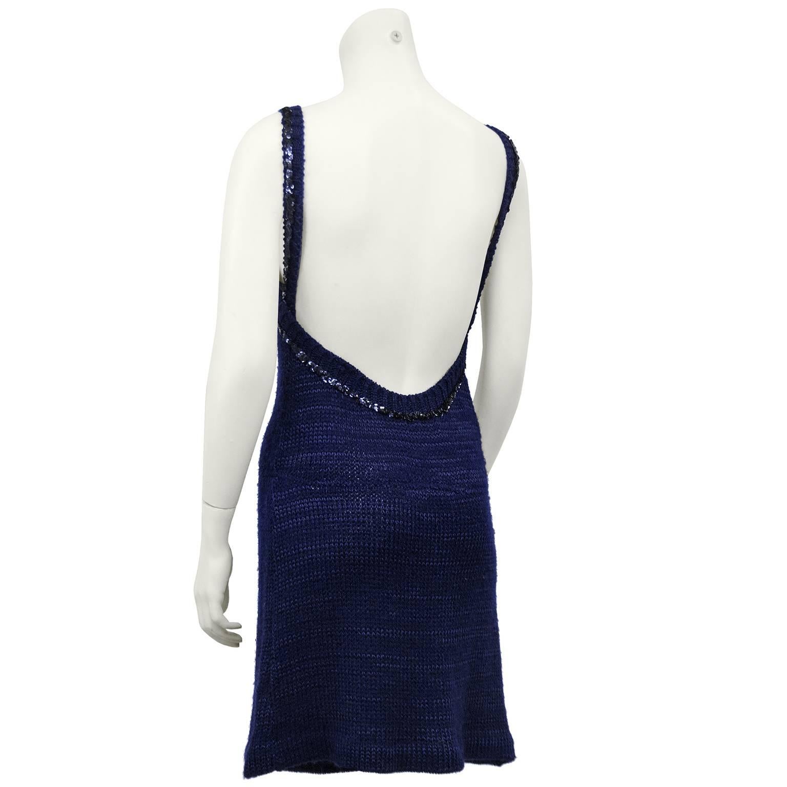 1970s Courreges Navy Blue Knit Halter Dress with Sequin Trim  In Excellent Condition In Toronto, Ontario