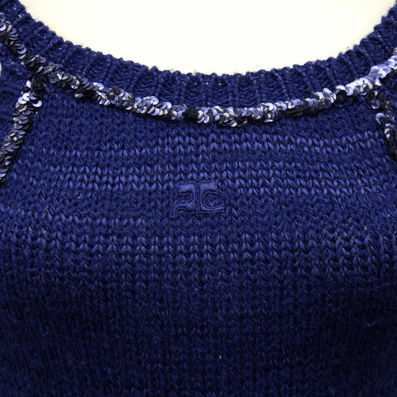 Women's 1970s Courreges Navy Blue Knit Halter Dress with Sequin Trim 