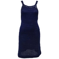 1970s Courreges Navy Blue Knit Halter Dress with Sequin Trim