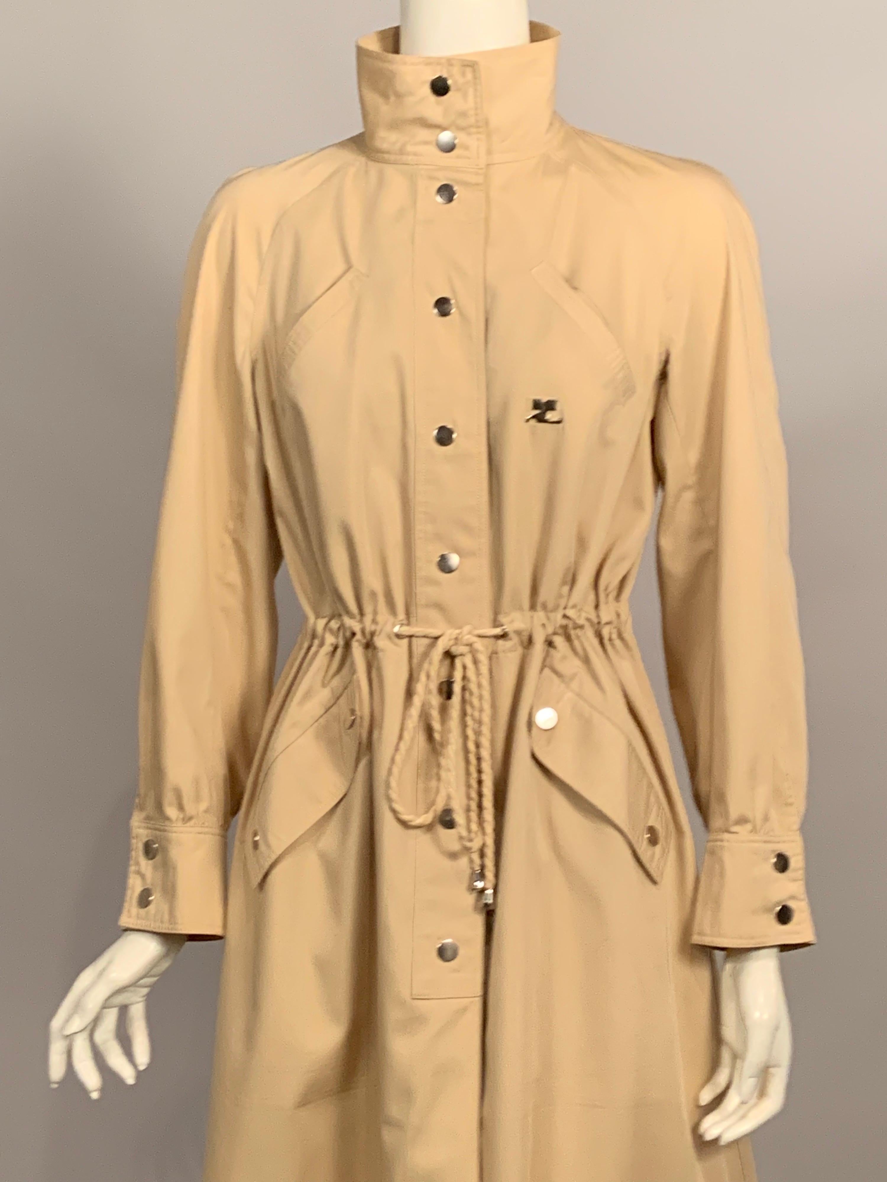 Beige 1970's Courreges Raincoat with Drawstring Waist and Snap Front