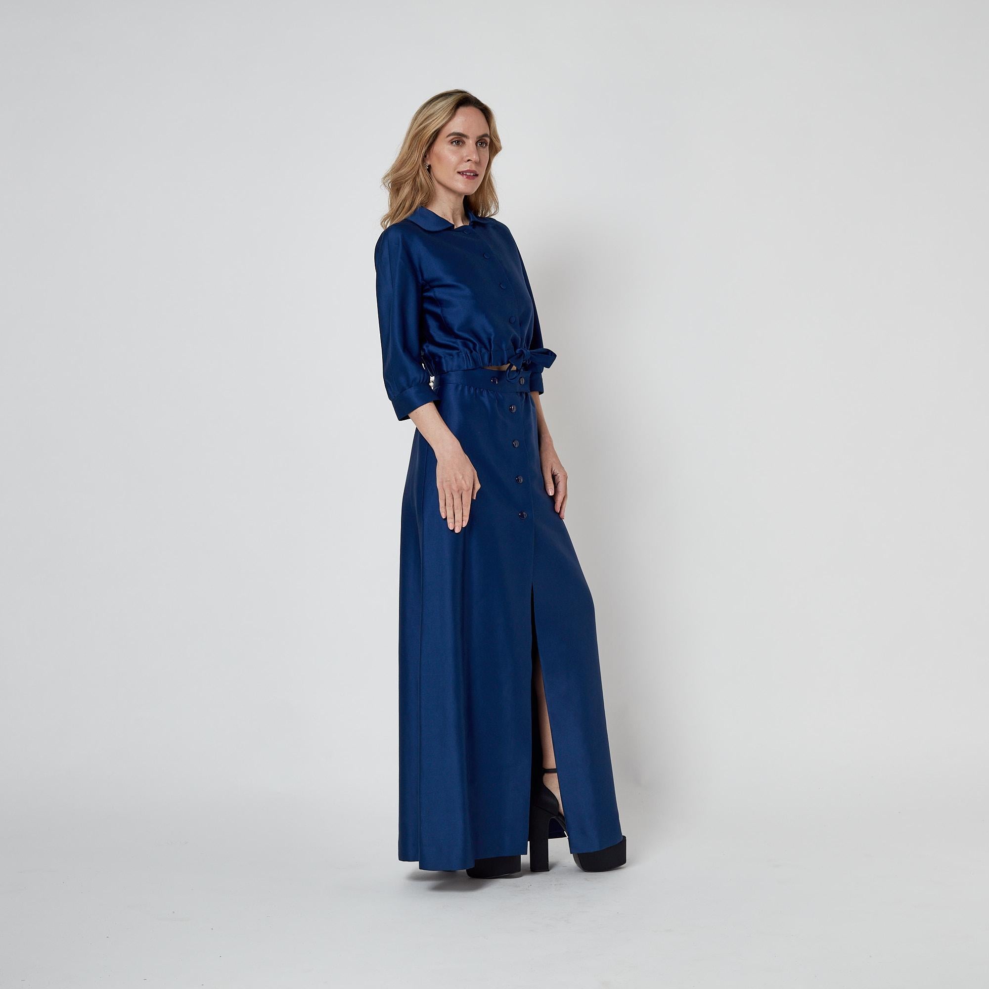 1970s Courreges Royal Blue Cotton Maxi Skirt and Cropped Jacket For Sale 7