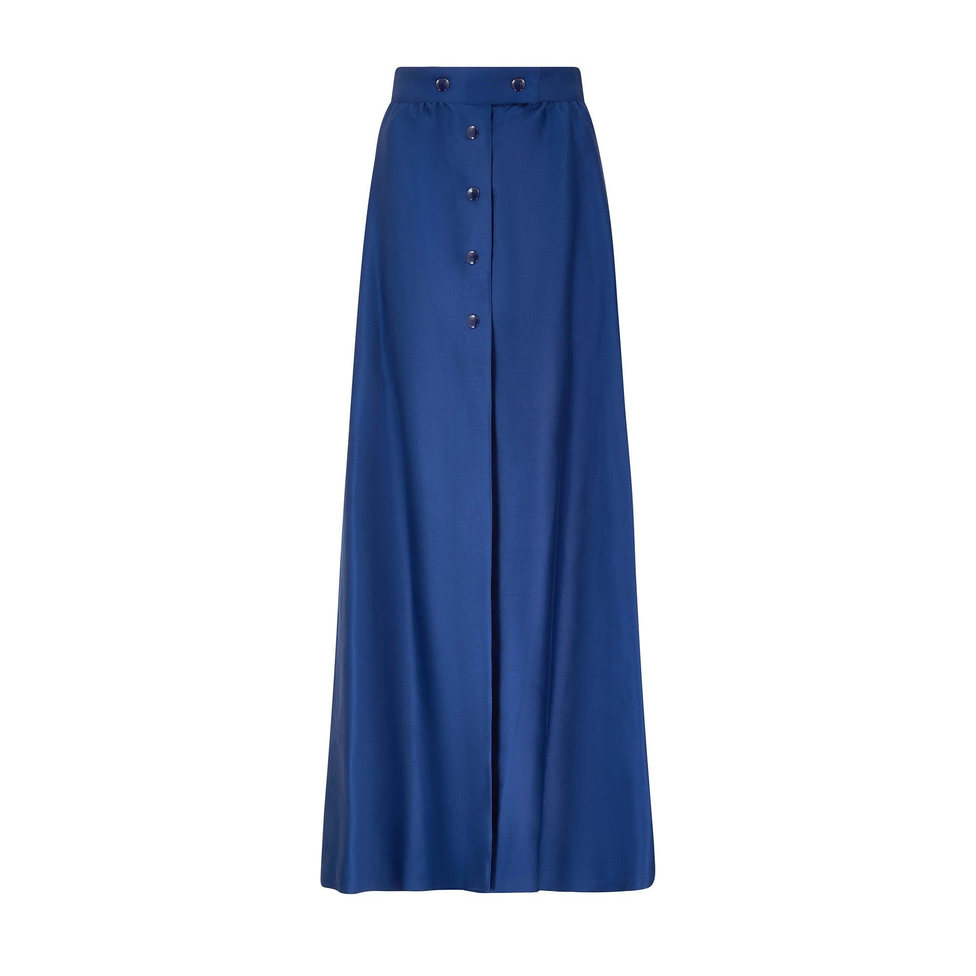 Women's 1970s Courreges Royal Blue Cotton Maxi Skirt and Cropped Jacket For Sale