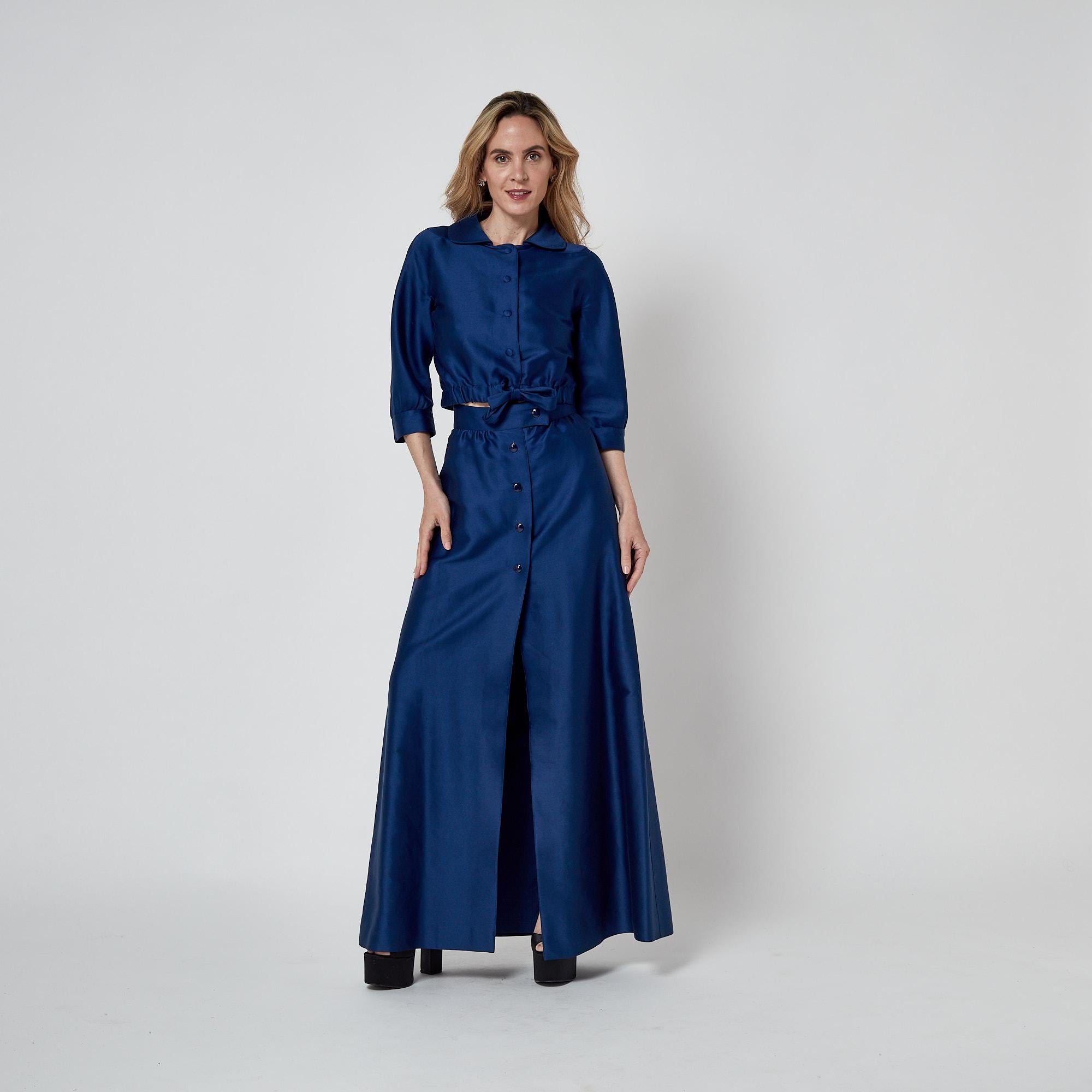 1970s Courreges Royal Blue Cotton Maxi Skirt and Cropped Jacket For Sale 3