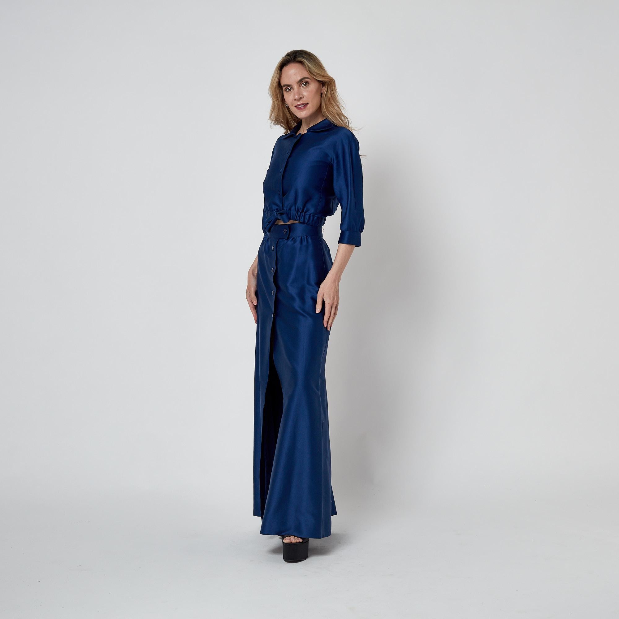 1970s Courreges Royal Blue Cotton Maxi Skirt and Cropped Jacket For Sale 4