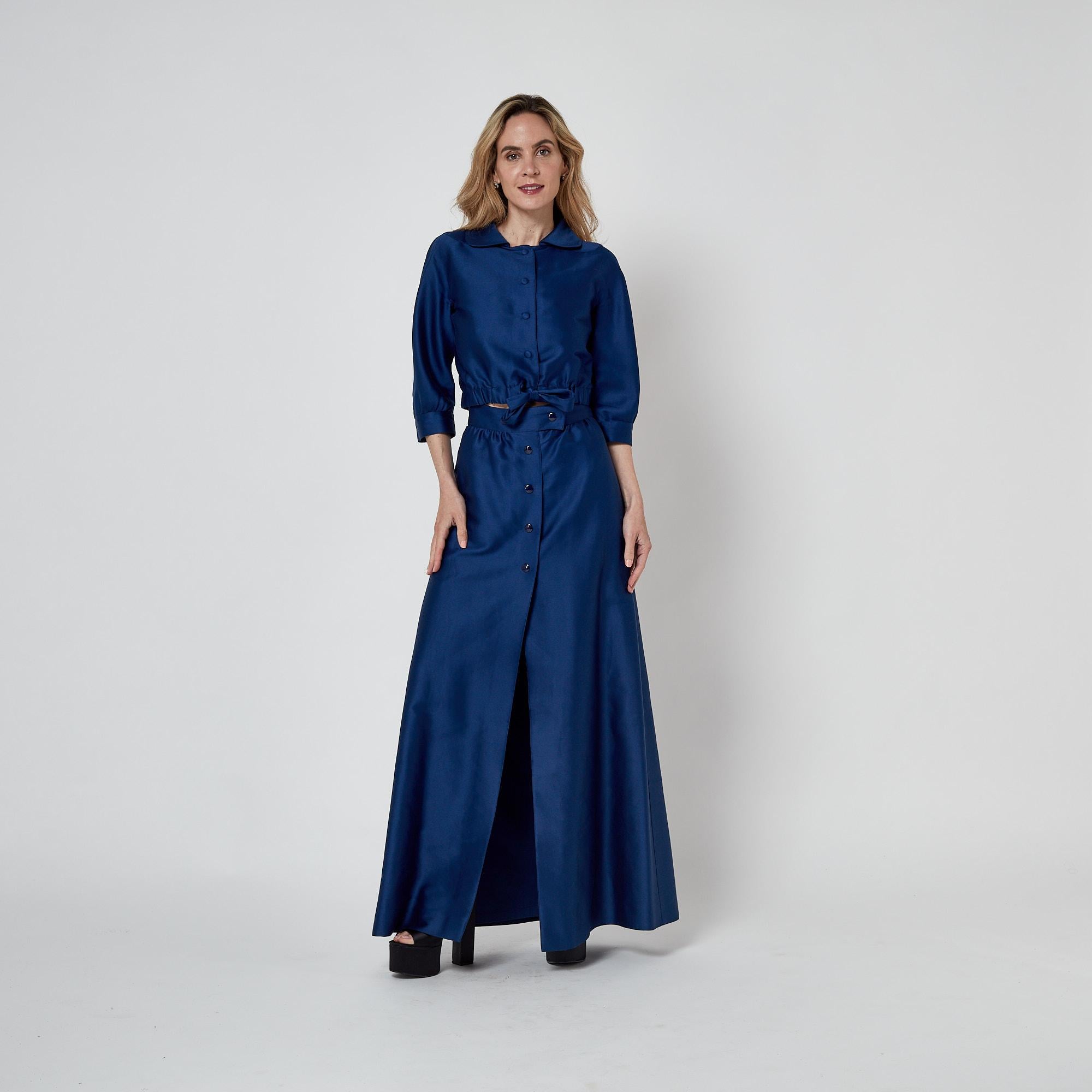 1970s Courreges Royal Blue Cotton Maxi Skirt and Cropped Jacket For Sale 5
