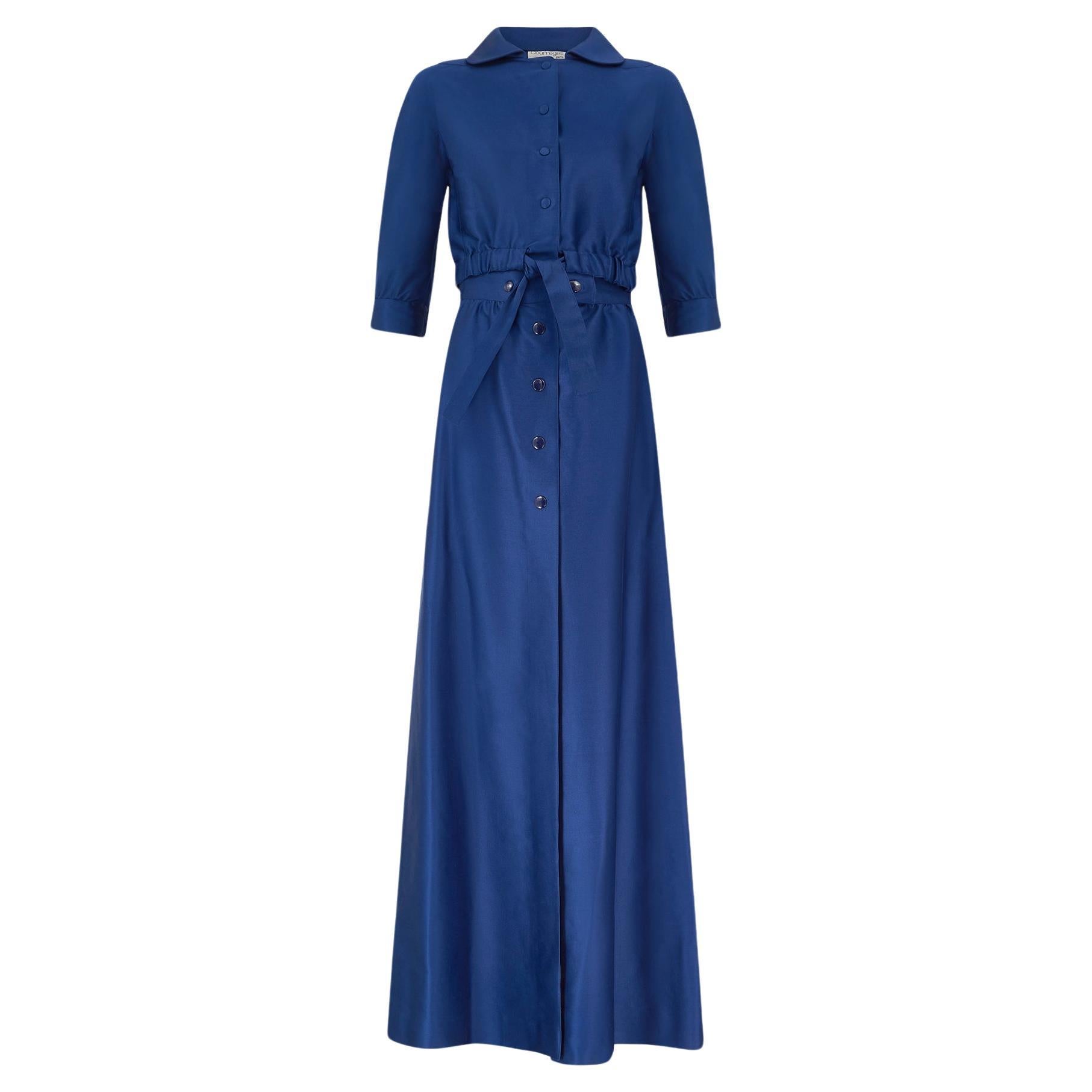 1970s Courreges Royal Blue Cotton Maxi Skirt and Cropped Jacket For Sale