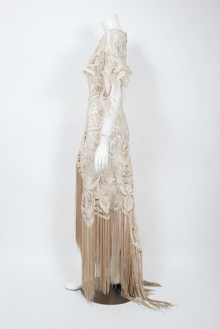 Vintage 1970's Couture Beige Lace Winged Sleeve Bias-Cut Fringe Bridal Gown In Good Condition In Beverly Hills, CA